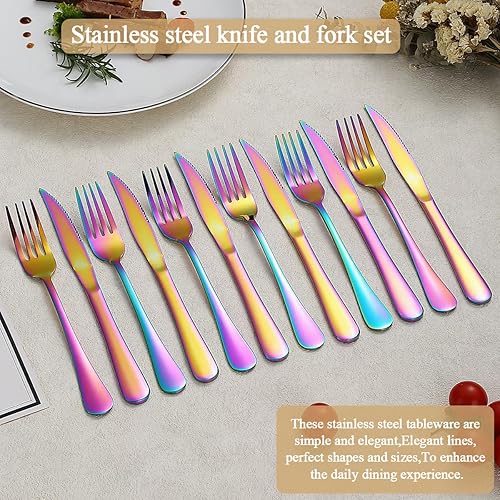 Miniatura 3 de Rainbow - Juego de 24 cuchillos para carne, acero inoxidable chapado en titanio arcoíris, 12 tenedores y 12 cuchillos de cena, cuchillos para carne,