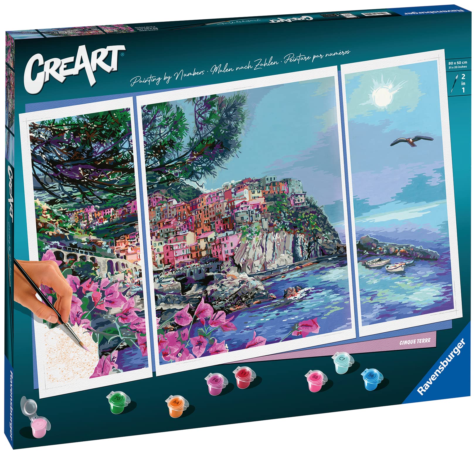 Ravensburger - CreArt Trittico, Le Cinque Terre, Italia, Kit per Dipingere con i Numeri, Contiene 3 Tavole Prestampate, Pennello, Colori e Accessori, Gioco Creativo e Relax per Adulti 14+ Anni