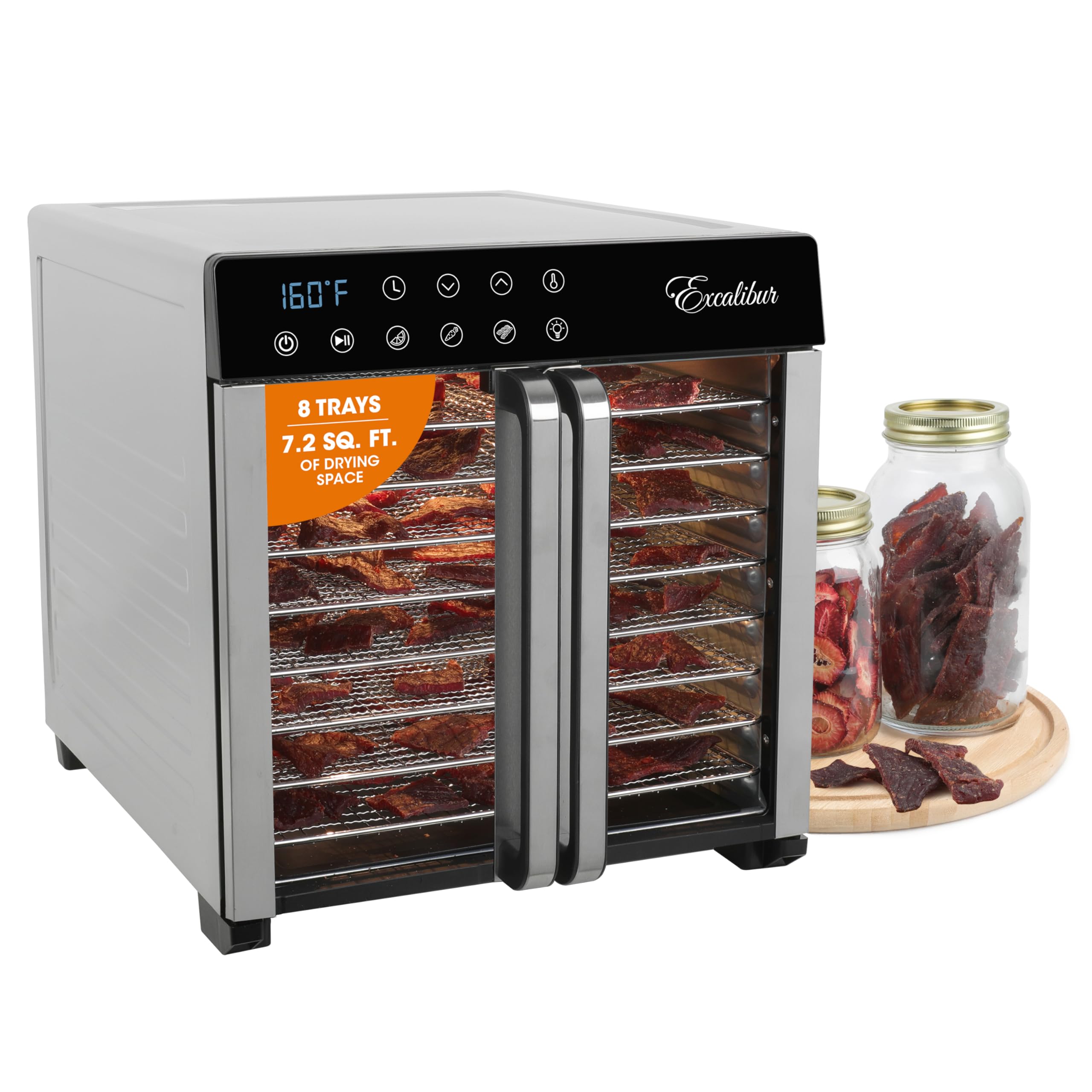 Excalibur Electric Food Dehydrator 8-Tray 7.2 Sq Ft Drying Space with Adjustable Temperature Control Stainless Steel Construction and Glass French Doors, 700-Watts, Stainless Steel