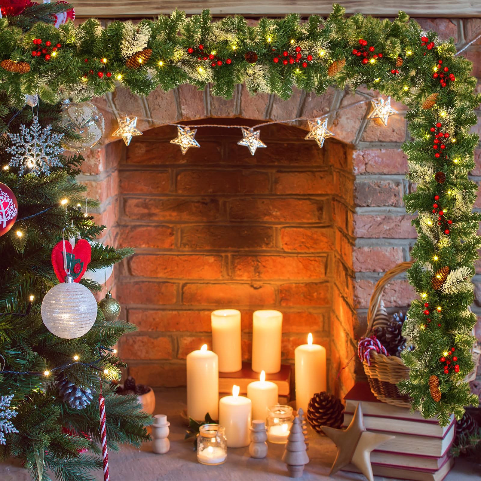 Daifunli Künstliche Weihnachtsgirlande mit 50 LED-Lichtern, 2,9 m, rauchige Tannengirlande, Dekoration für Zuhause, Kaminsims, Treppen, Kamin, 4 Stück