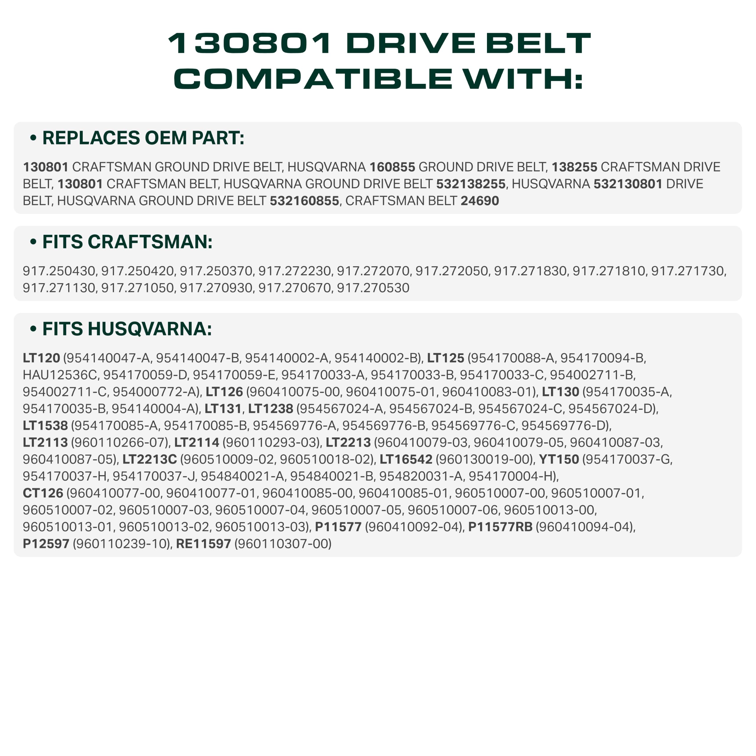 UDC Parts 130801 - Correa de transmisión de tierra, cable de aramida de 0.5 pulgadas x 241.94 cm, repuesto para 532138255 138255 Craftsman 160855 24690 Husqvarna AYP 532130801 532160855 LT125 LT150 | Compatible con 532138255 138255 Craftsman 160855 24690