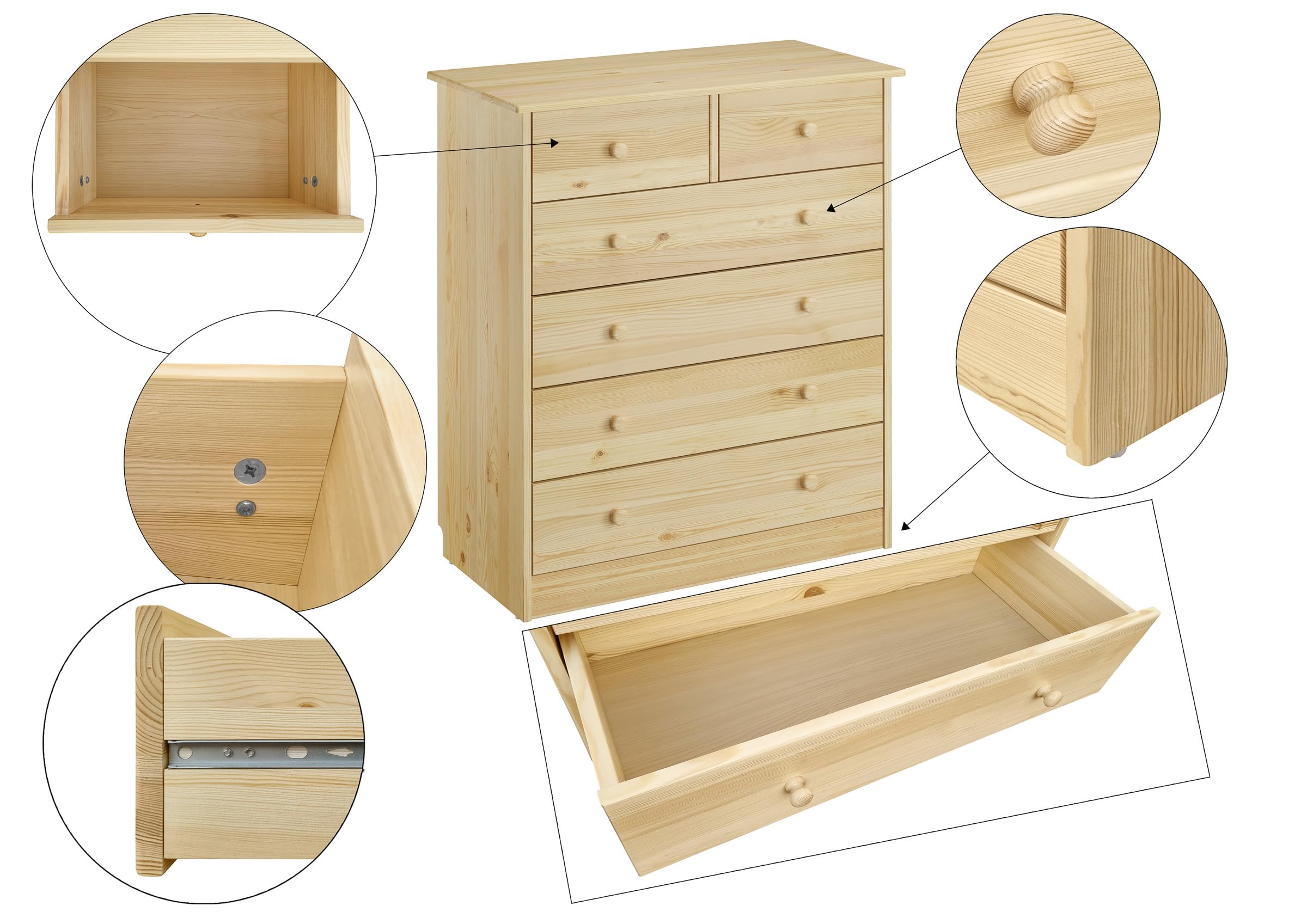 Erst-Holz Commode en pin Naturel avec 2 Petits et 4 Grands tiroirs 90.50-13