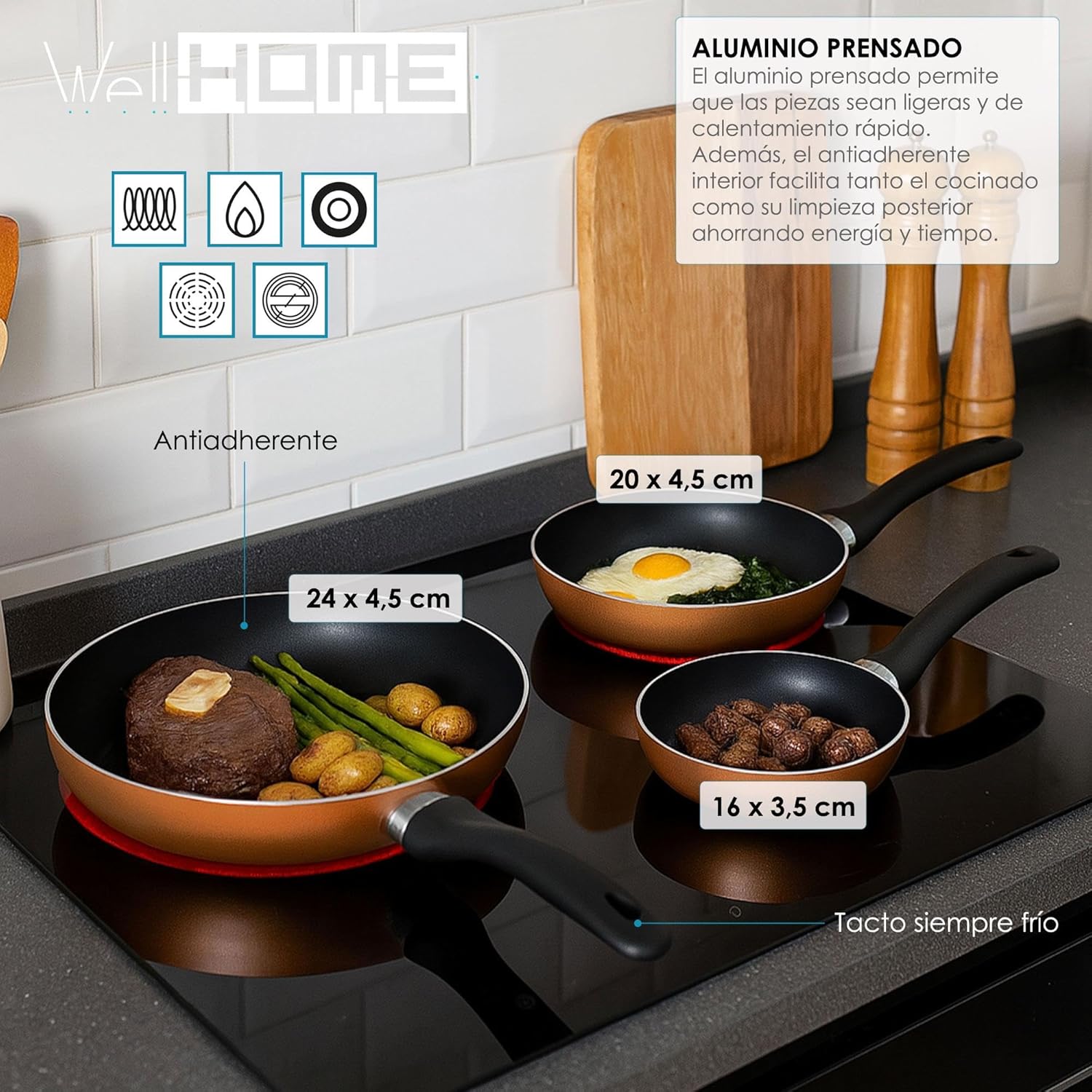 Well Home 5-Piece Cookware Set, Stainless Steel + 3 Pans, Diameter 16 x 20 x 24 cm, Metallic Bronze, Pressed Aluminium