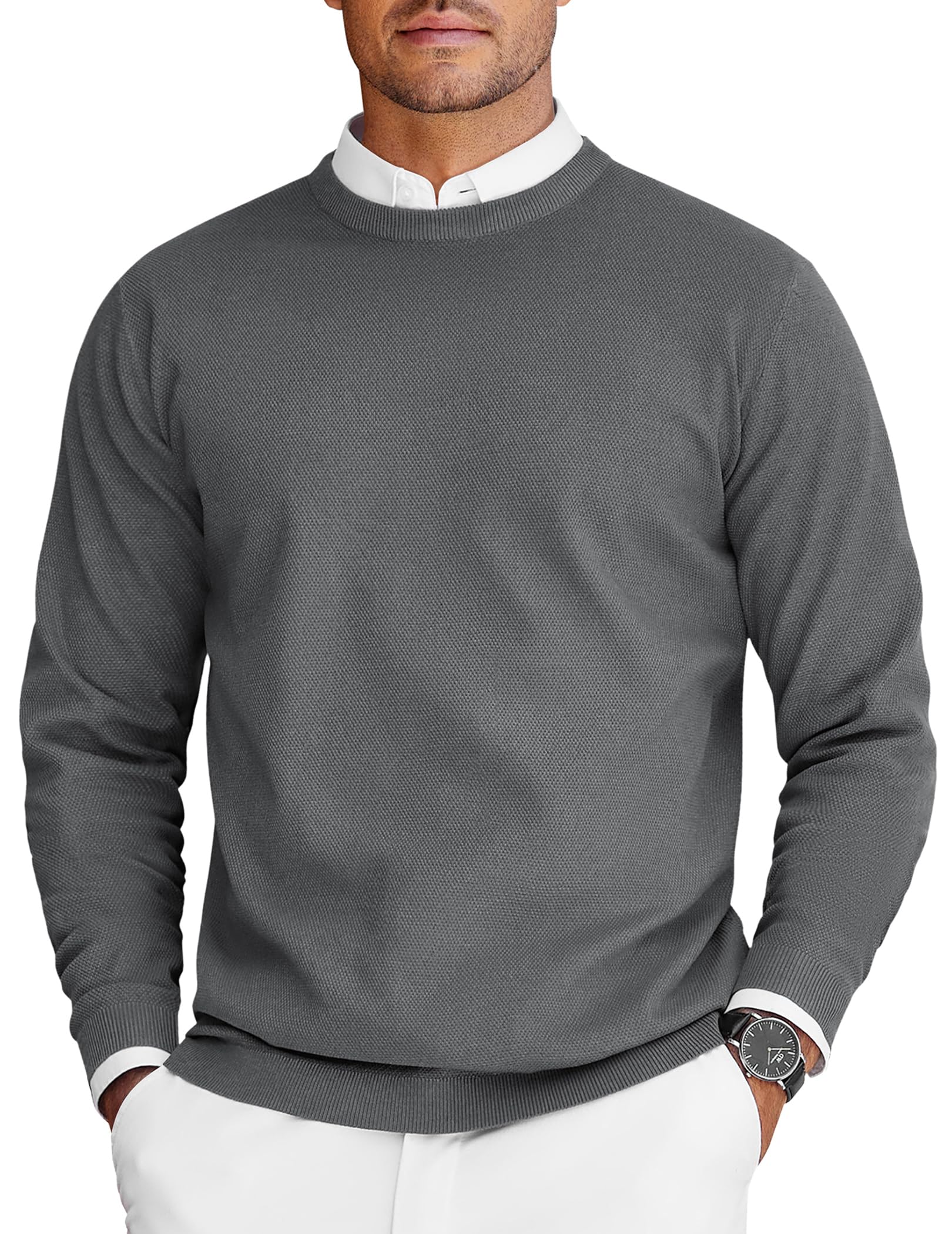 COOFANDY Mens Crew Neck Sweaters Long Sleeve Slim Fit Lightweight Knit Dress Pullover Sweater