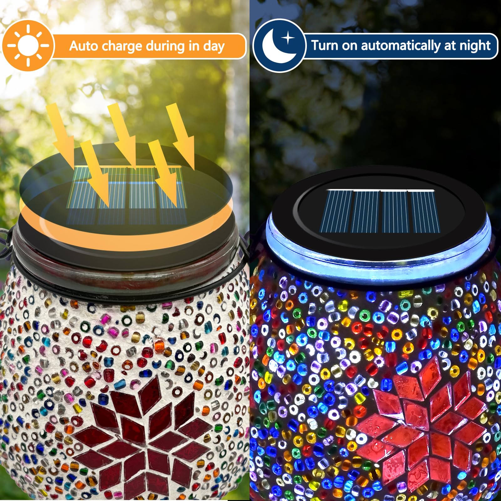 1PCS Oval Solar Mosaic Lights Outdoor, On/Off Glass Hanging Solar Mosaic Lanterns Lights IP65 Waterproof for Table Lawn Path Courtyard Deck Fence, Maple Mosaic Light - 4