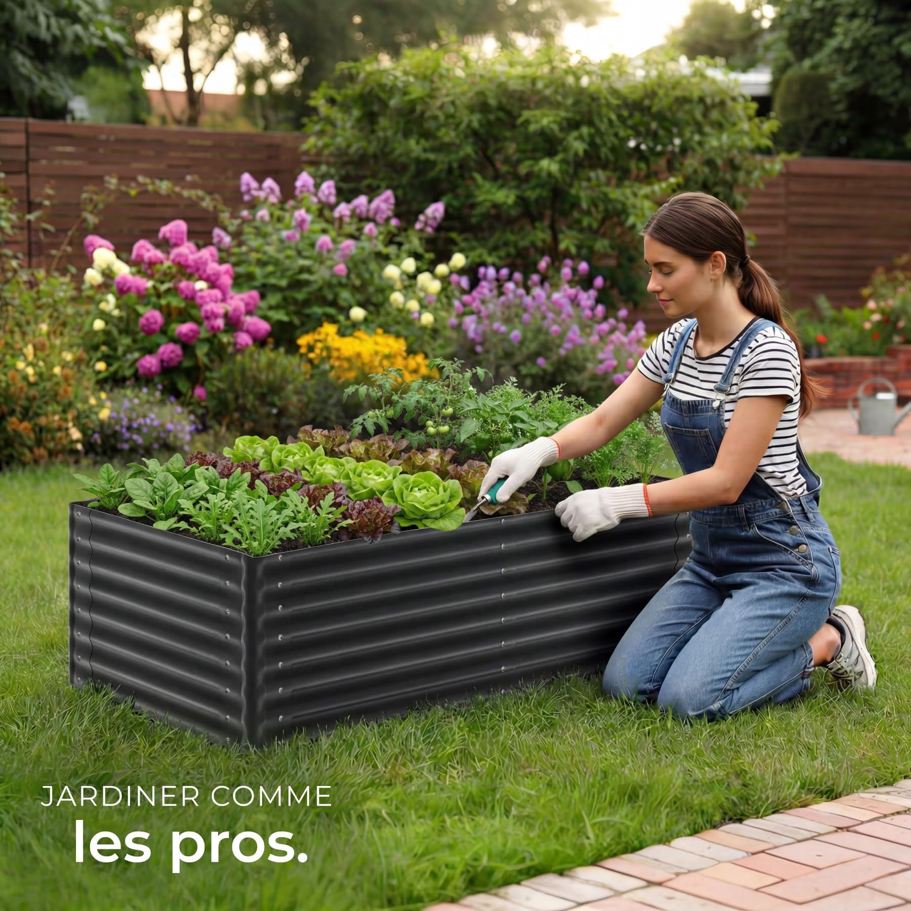 tectake® Jardiniere 200 x 100 x 62 cm, Plate-bande surélevée en acier, Potager surélevé, 1 paire de gants jardinage incluse, Carre Potager 1200L, Lit de jardin Jardiniere exterieur, Bac a fleur Jardin