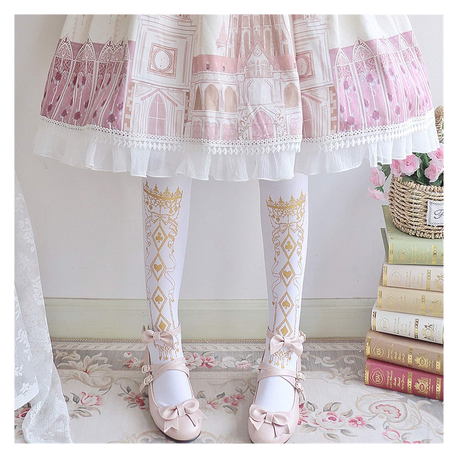 Frühling und Sommer Japanische Lolita Socken Strumpfhosen Basis Weiß Schwarz Vergoldung Seide Gold Mädchen Warm (Color : White Bird Cage)