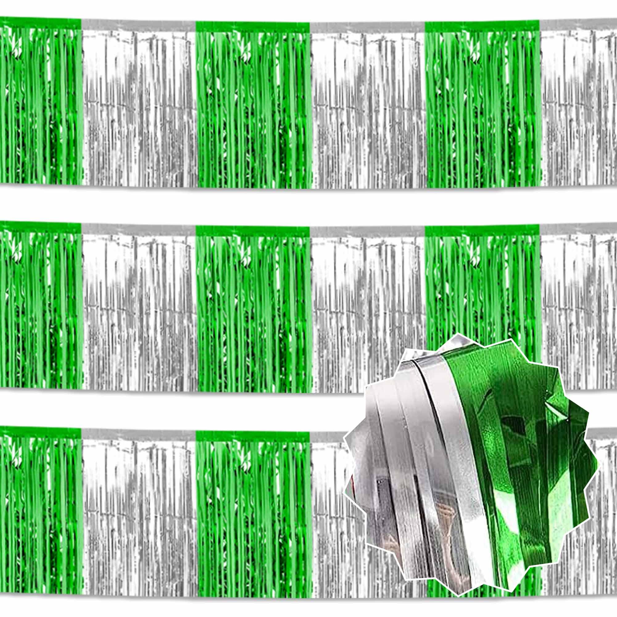 Paquete de 3 guirnaldas de flecos de papel de aluminio plateado y verde de 10 pies, guirnalda metálica para colgar en la pared para flotadores de desfile, cabina de fotos, Halloween, Navidad, Año