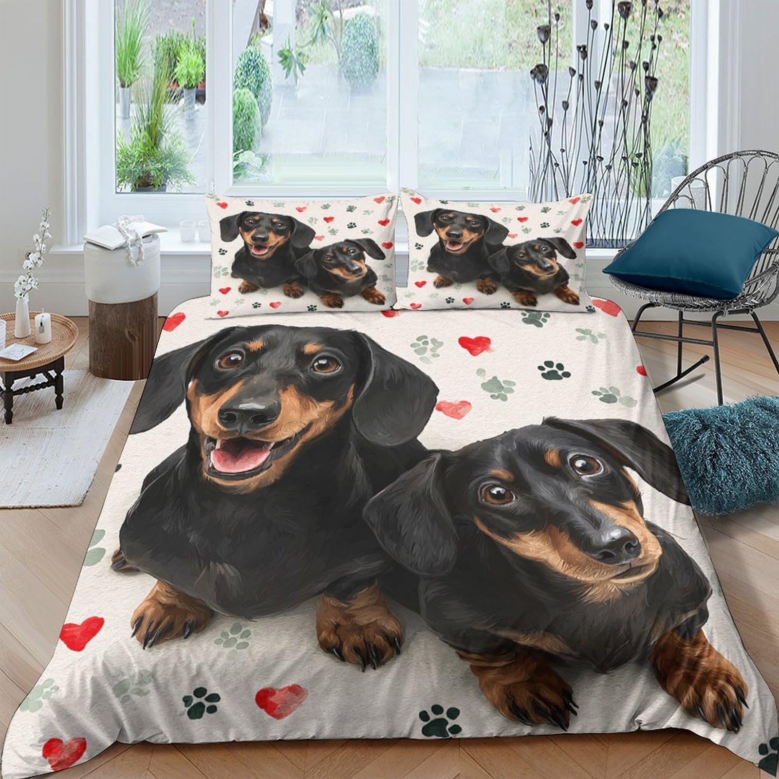 Ctjqhvkz Style-7 3D Printed Black Dachshund Fitted Sheet Microfiber Soft Heart Paw Bed Cover For Bedroom Guest Room Easy Care Single（135X200cm）