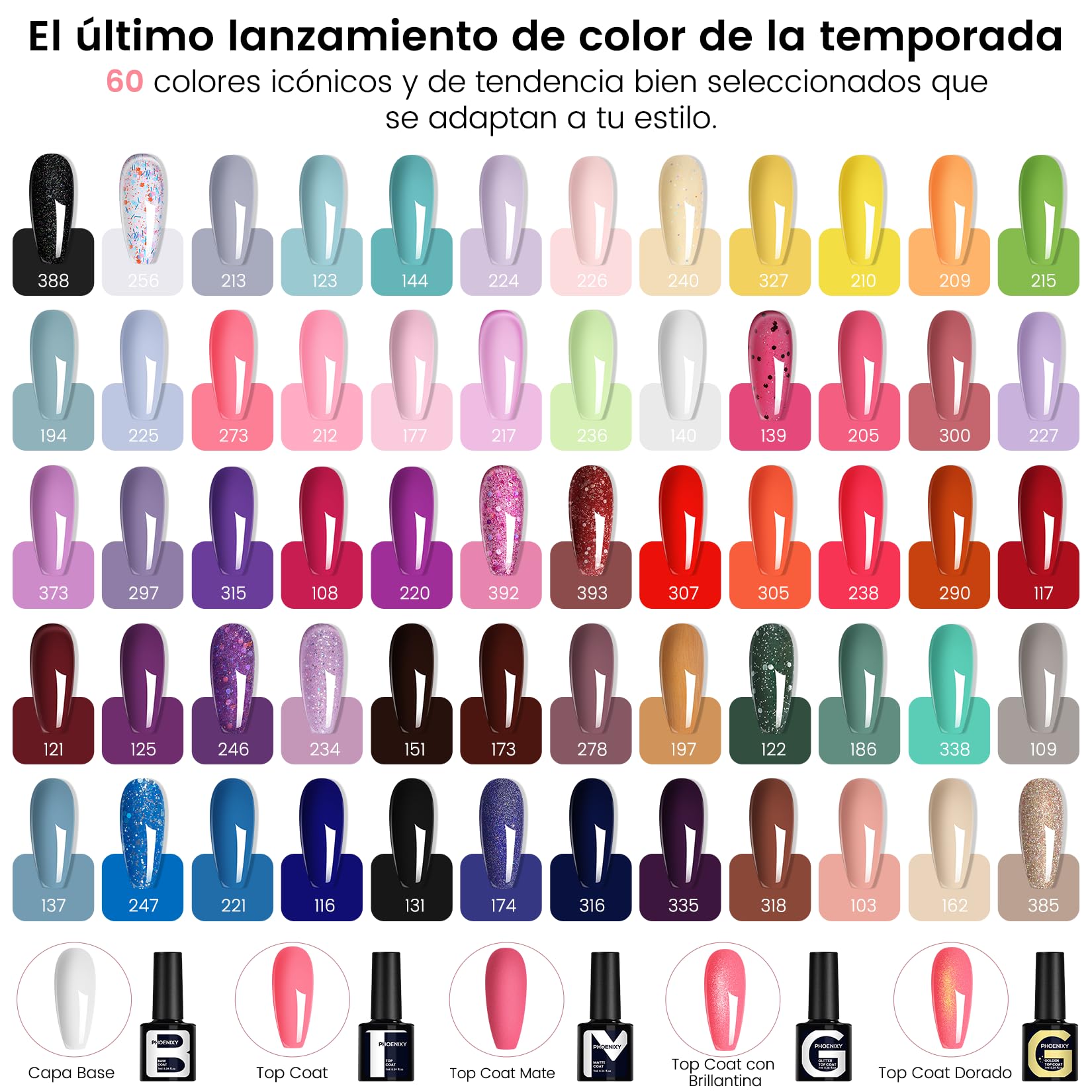 Phoenixy 60 Colores Kit Uñas Semipermanentes, Esmaltes Semipermanentes para Uñas con Lampara Uñas Semipermanentes 48W, Kit Uñas con Base y Top con Brillo, Brillo Dorado, Mate, Brilliant