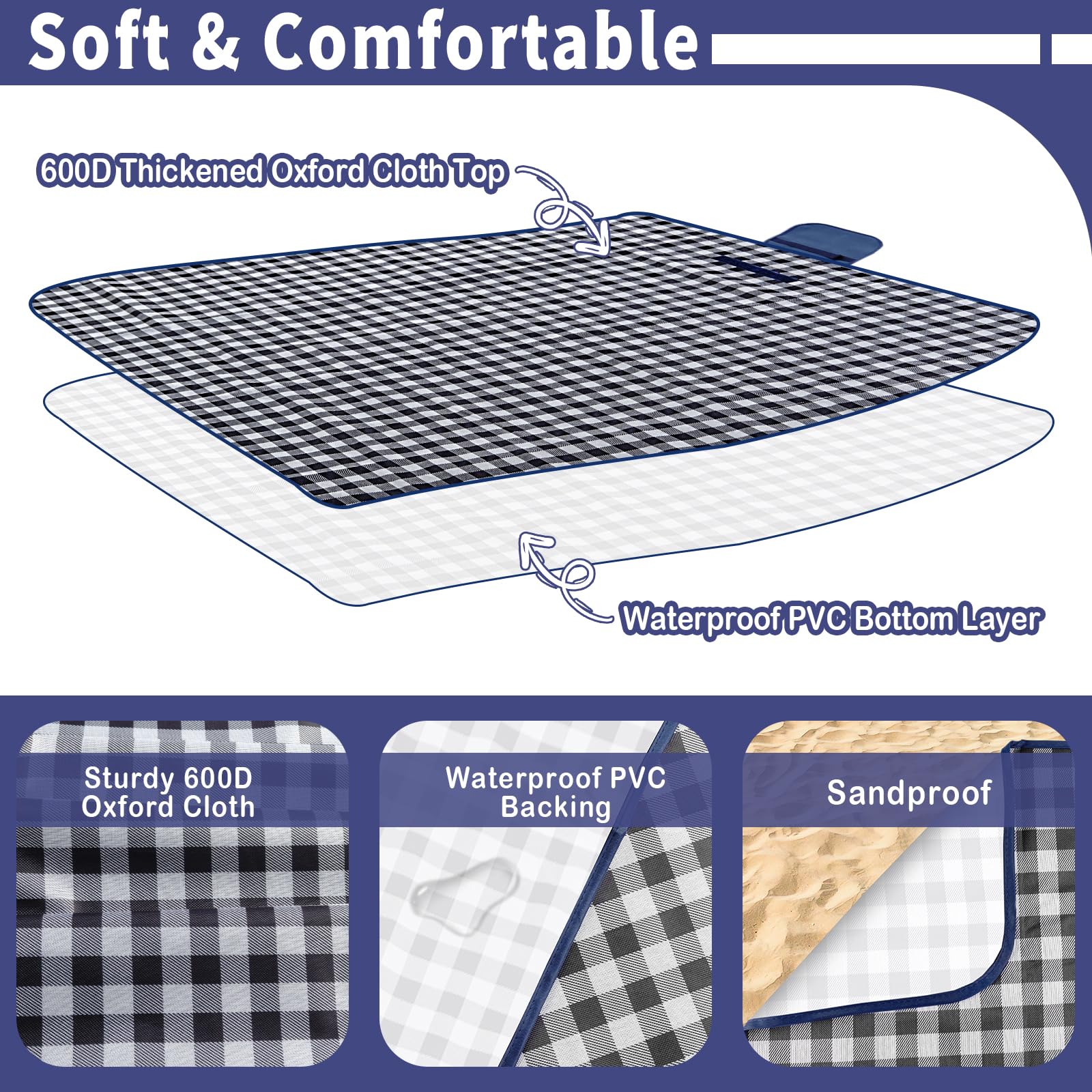 Habaylin Picnic Blanket Waterproof, Extra Large Picnic Mat 200 X 200 cm, Camping Beach Blanket Washable Foldable, Camping Accessories for Outdoor Activities (Dark Blue) in use