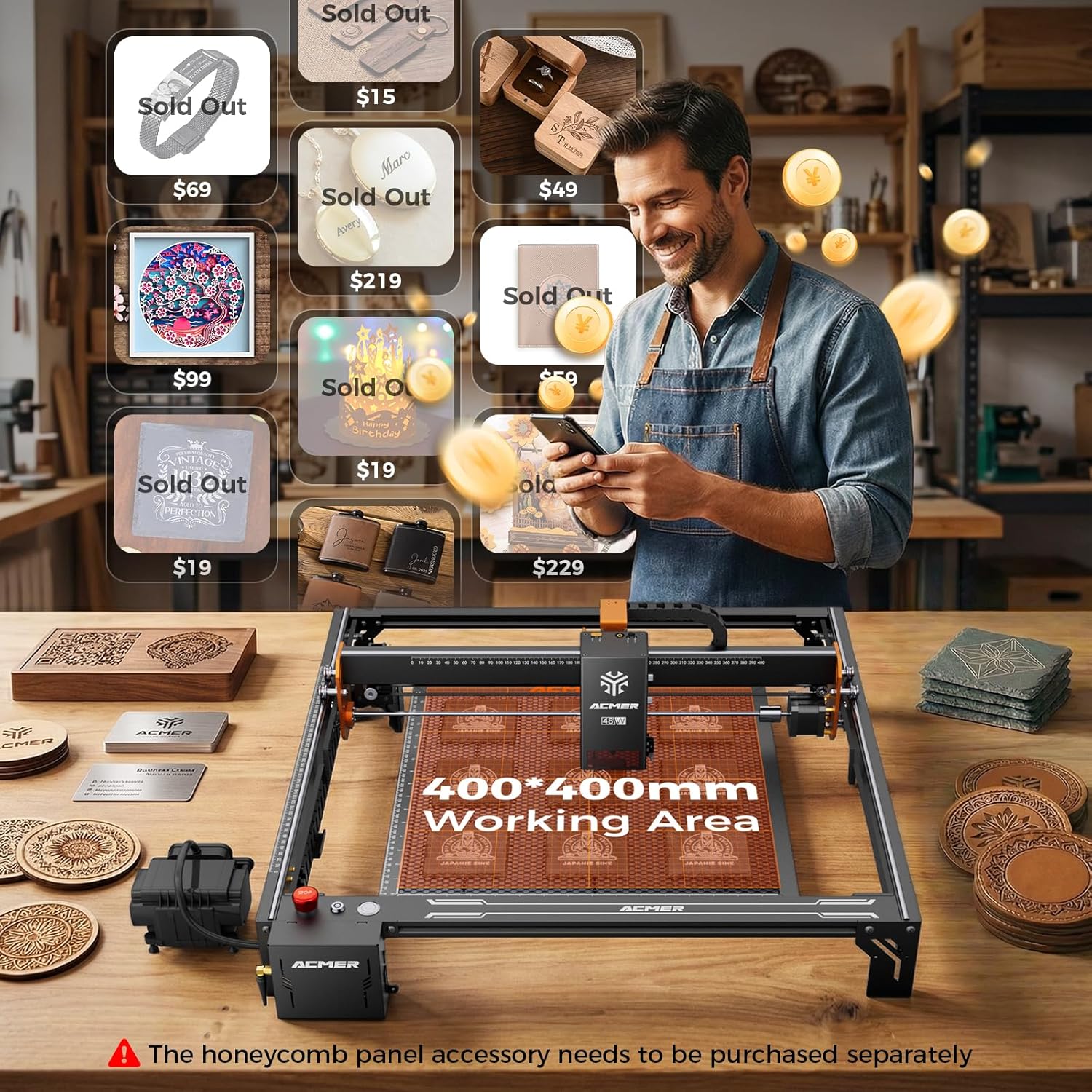 ACMER S2 Pro Laser Engraver, 48000mW Laser Cutting Machine with Built-in 30L Air Pump, 400 * 400mm Engraving Area, High-Speed 24,000mm/min, WiFi & TF Card, for Wood, Leather, Acrylic & DIY Projects