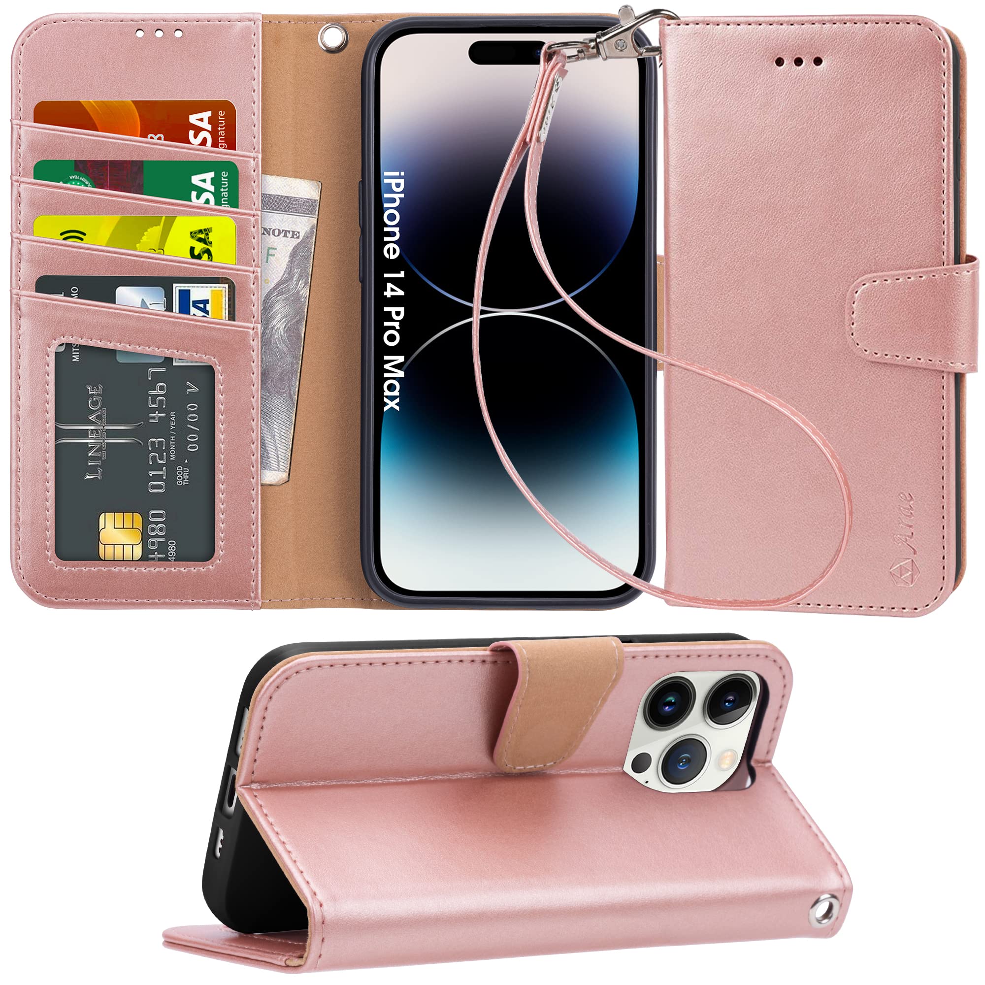 Arae Compatible with iPhone 14 Pro Max Wallet Case with Card Holder and Wrist Strap Wallet Flip Cover for iPhone 14 Pro Max 6.7inch, Rose Gold