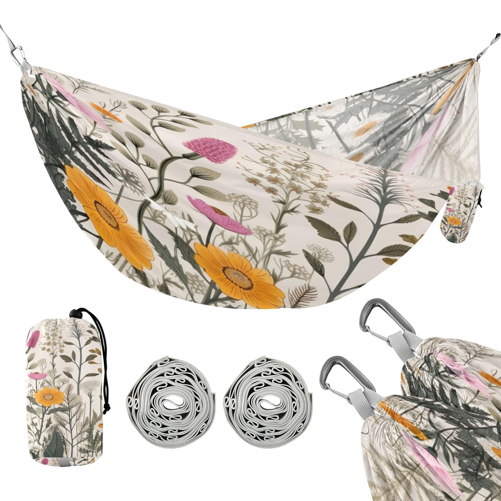 Haskirky Wild Flower Camping Hammock, Single Portable Hammocks with Tree Straps & Attached Carry Bag, 330Lbs Capacity Perfect for Outside Indoor Hiking Beach Backpack Travel