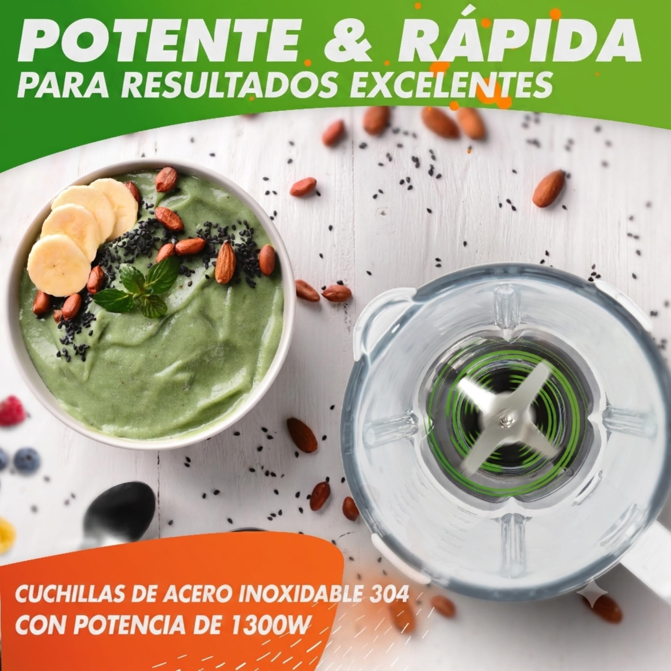 Nutrilovers Batidora de Vaso con Jarra de Cristal, 1300W, 1.3L, Sin BPA | Cristal
