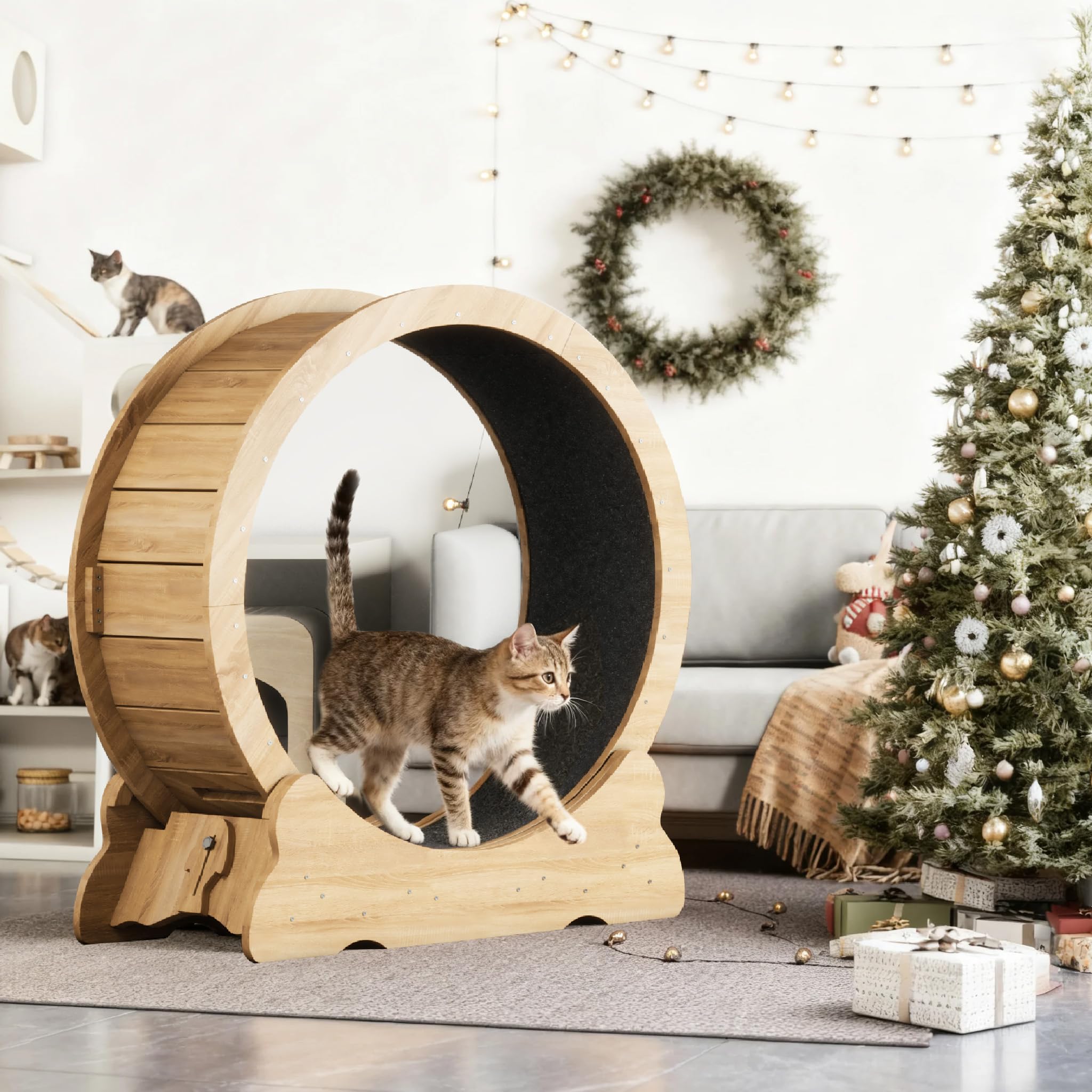 Mondeer Roue pour Chat d'intérieur avec Piste Moquette, Tapis de Course XL de 90 cm avec Tapis Amovible et Jouet pour Chat, pour Course à Pied, Marche, entraînement (Bois Naturel)