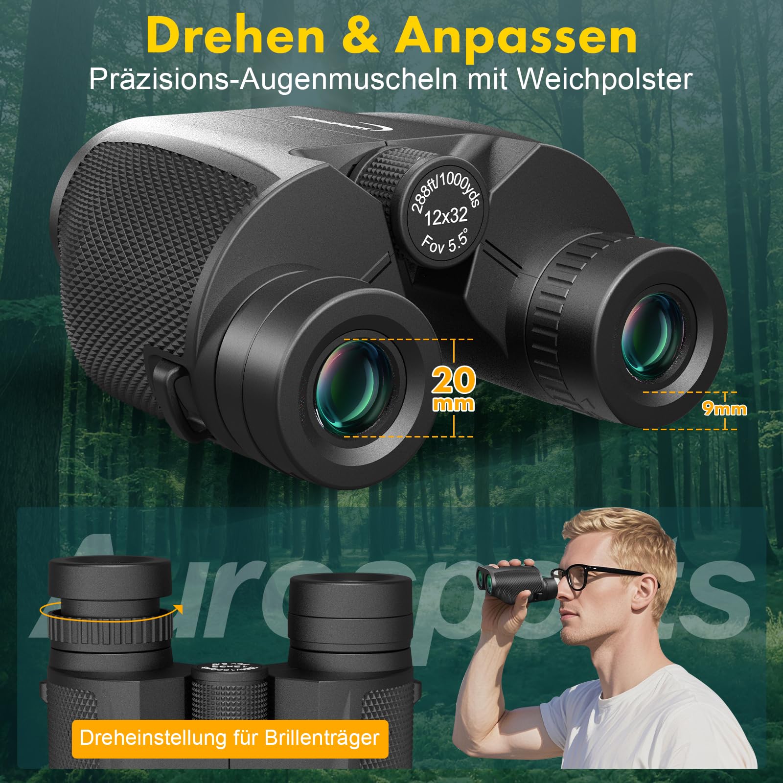 Aurosports Binocolo piccolo da 12 x 32 per adulti e bambini | Compatto, chiarezza superiore, messa a fuoco ridotta, grande oculare, ideale per bird watching, safari, viaggi, caccia