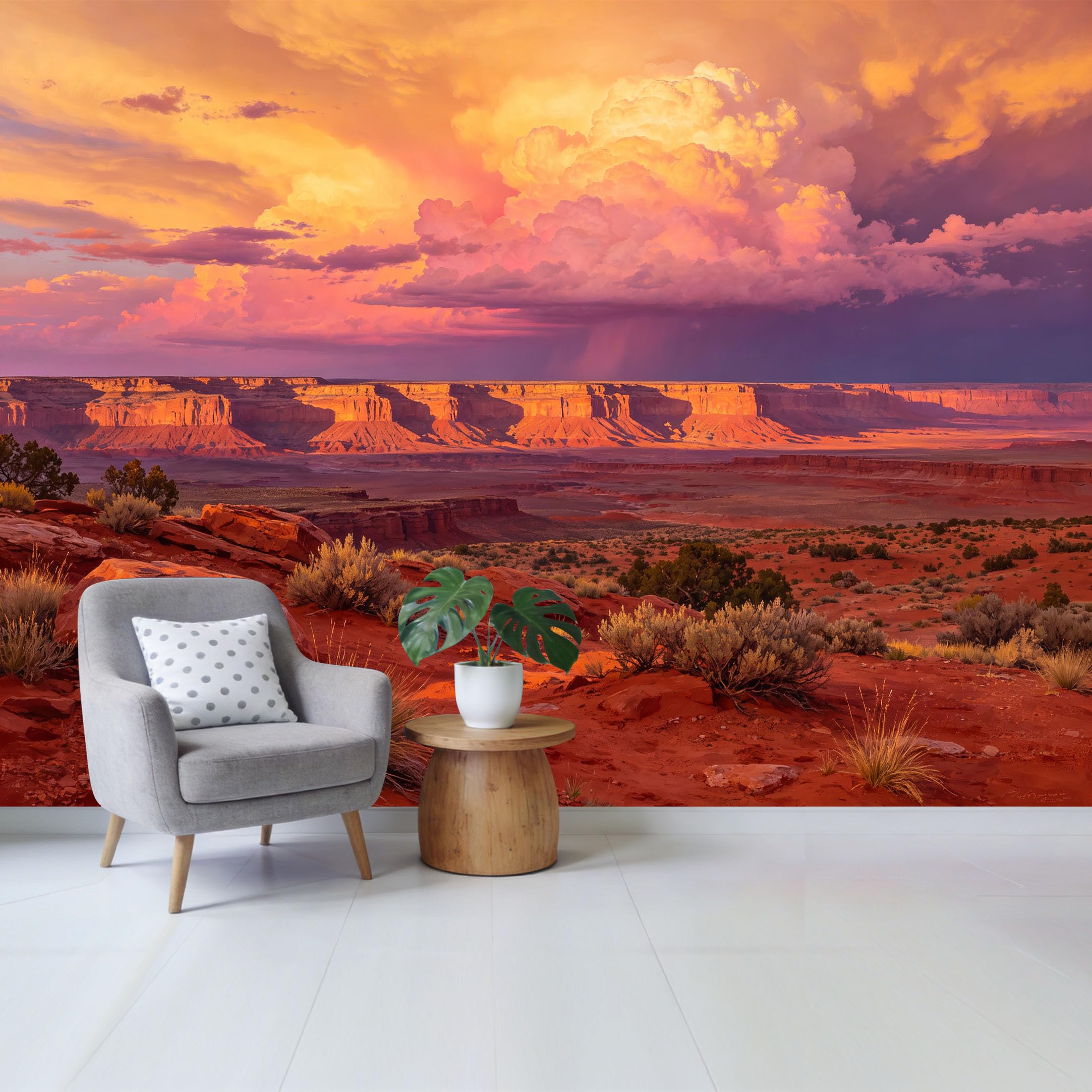 Custom Size Wall Mural Desert Canyon Sunset Landscape with Dramatic Clouds Removable Self Adhesive Fabric Home Wall Decor for Living Room Bedroom Bathroom