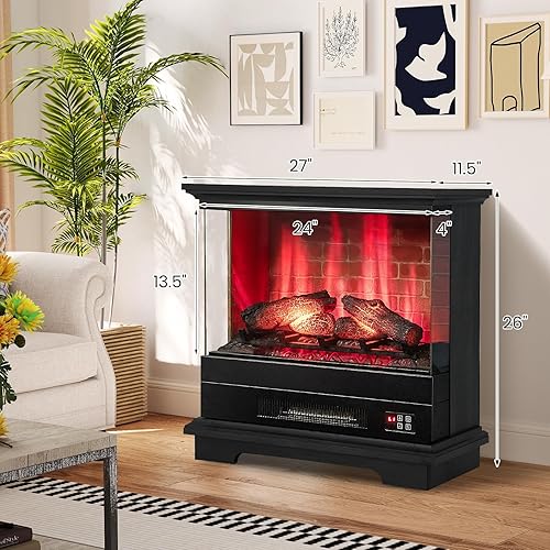 Miniatura 7 de ORALNER Chimenea eléctrica de 27 pulgadas con chimenea, vista de vidrio de 3 lados, caja de fuego envolvente de madera, calentador de chimenea