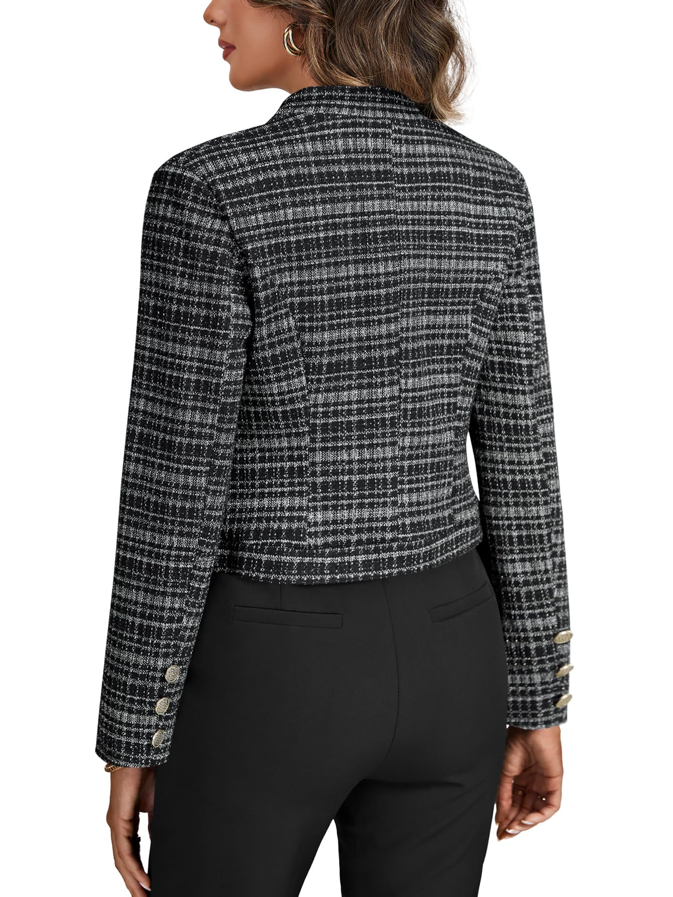 Women Fall Tweed Plaid Open Front Stand Collar Cropped Blazer Work Office Suit Jacket — view 5