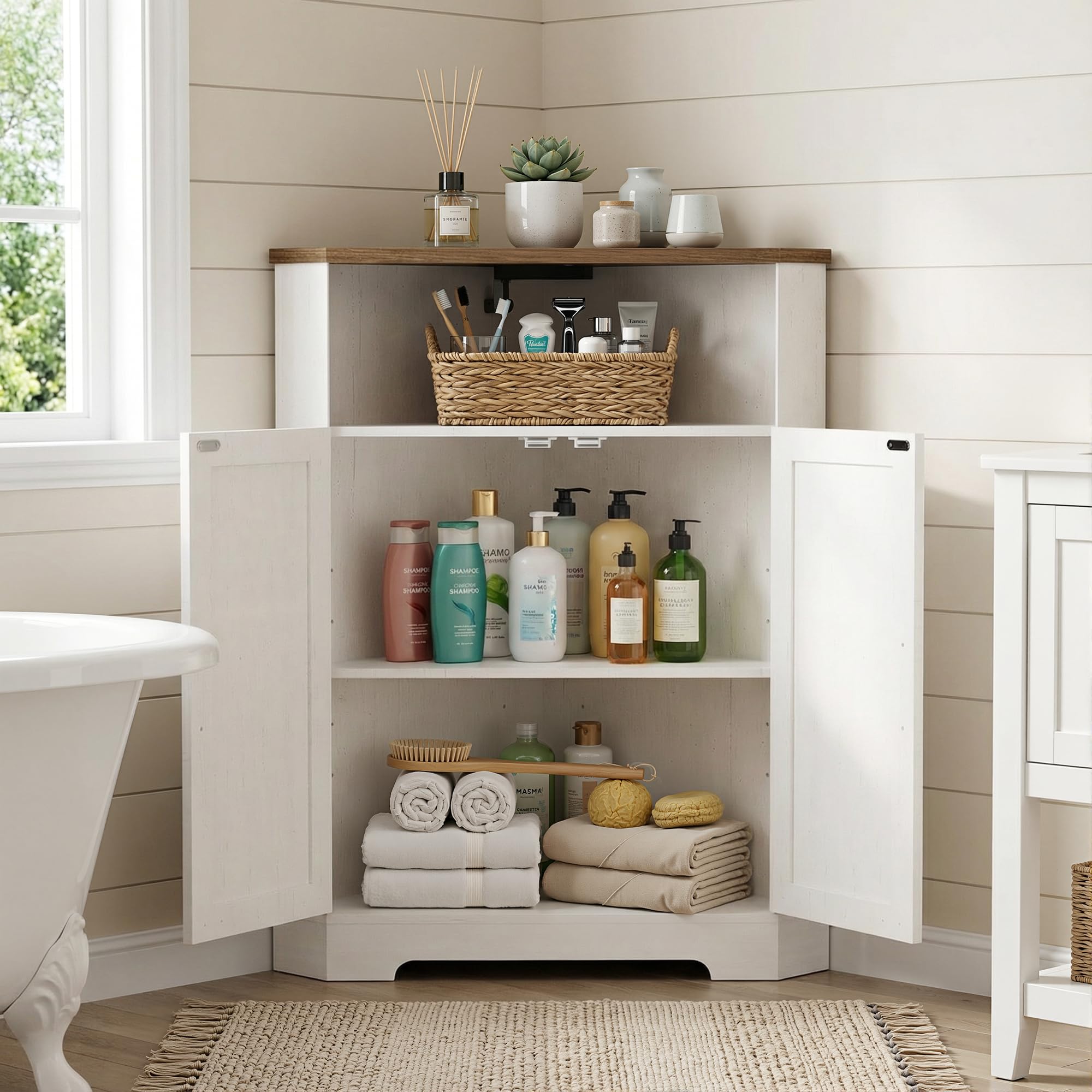 BonVache Eckschrank mit verstellbaren Fächern und offenem Stauraum, Schrank mit Steckdose, geeignet als Aufbewahrungsschrank für Wohnzimmer, Flur und Badezimmer, Weiß