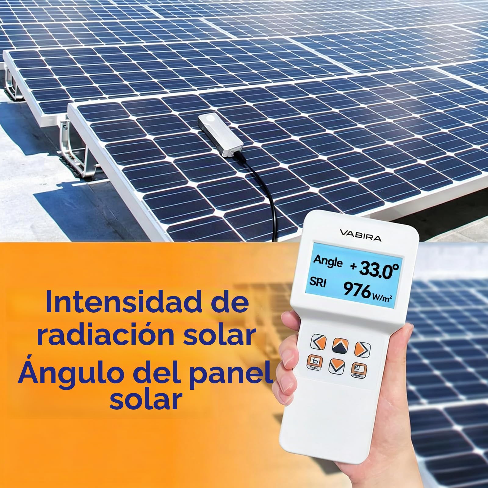 Medidor de Potencia Solar VBR-SOL con Medición del Ángulo del Panel, Hasta 3499 W/m², Registro Diario de Energía de 28 Días