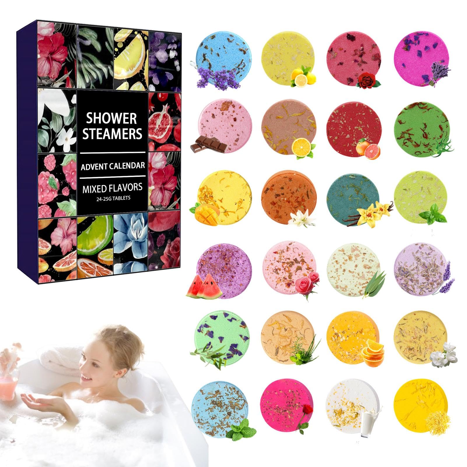 Vaporizadores de ducha, bombas de baño con aceite, calendario de Adviento de aromaterapia de Navidad, calendario de cuenta regresiva de 24 días, cuidado de spa, vaporizadores de ducha 2024, fragancias