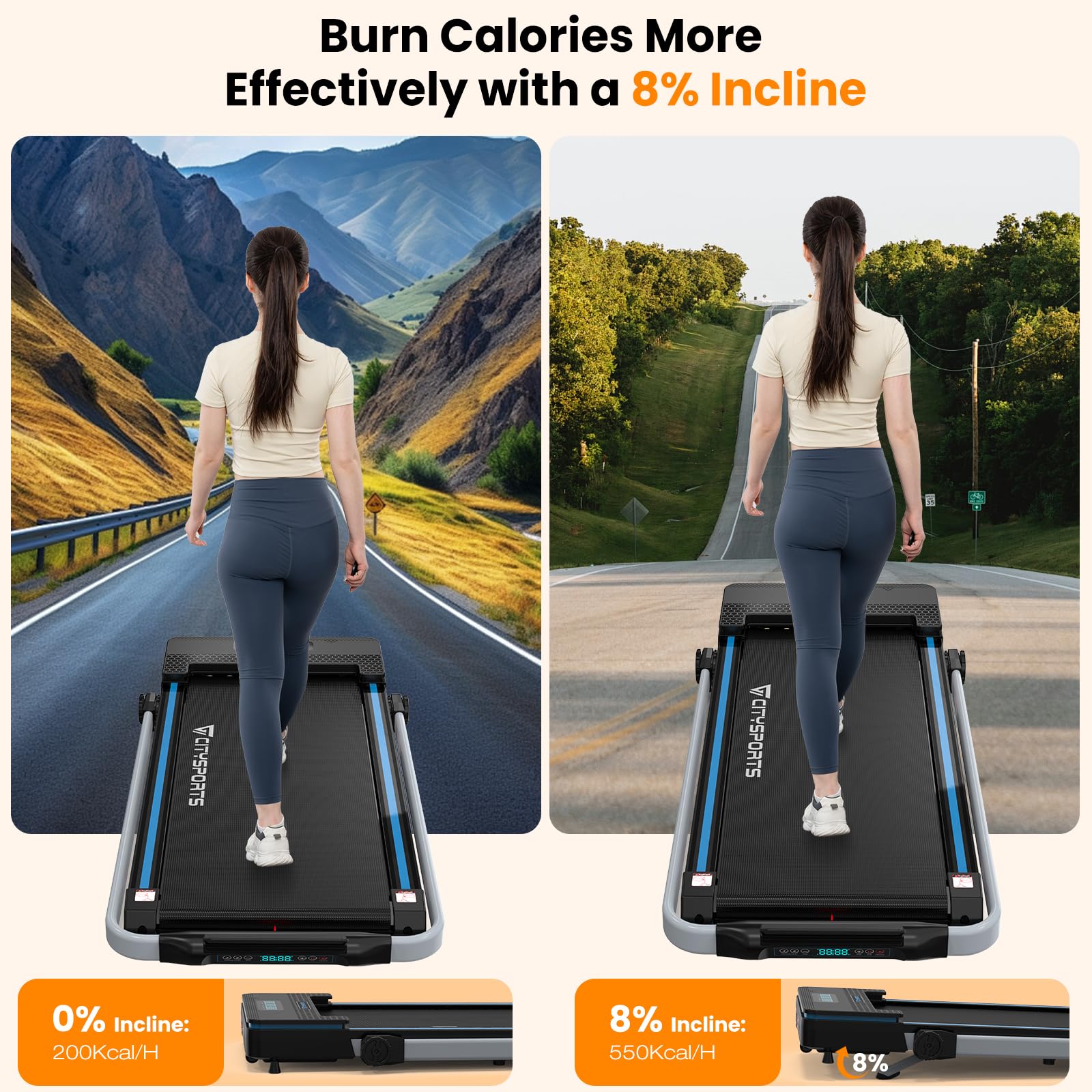 CITYSPORTS Tapis Roulant Elettrico con Inclinazione, Walking Pad con Pendenza, Tapis Roulant Elettrico Pieghevole Salvaspazio (Nero Blu)