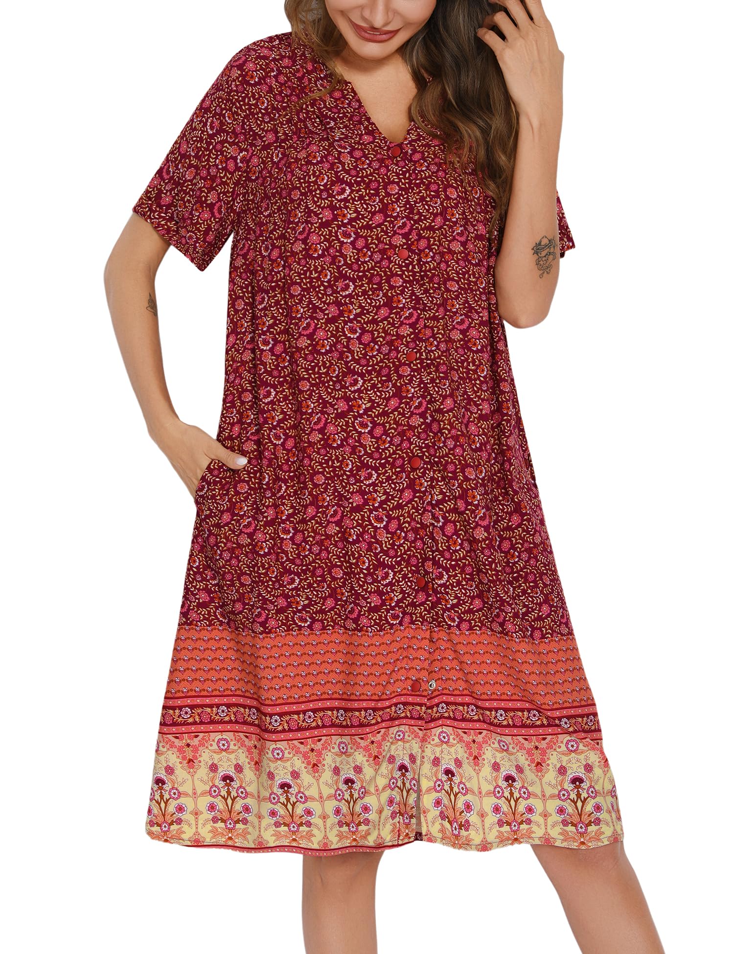 YOZLY House Dress Women Cotton Duster Robe Short Sleeve Housecoat Button Down Nightgown