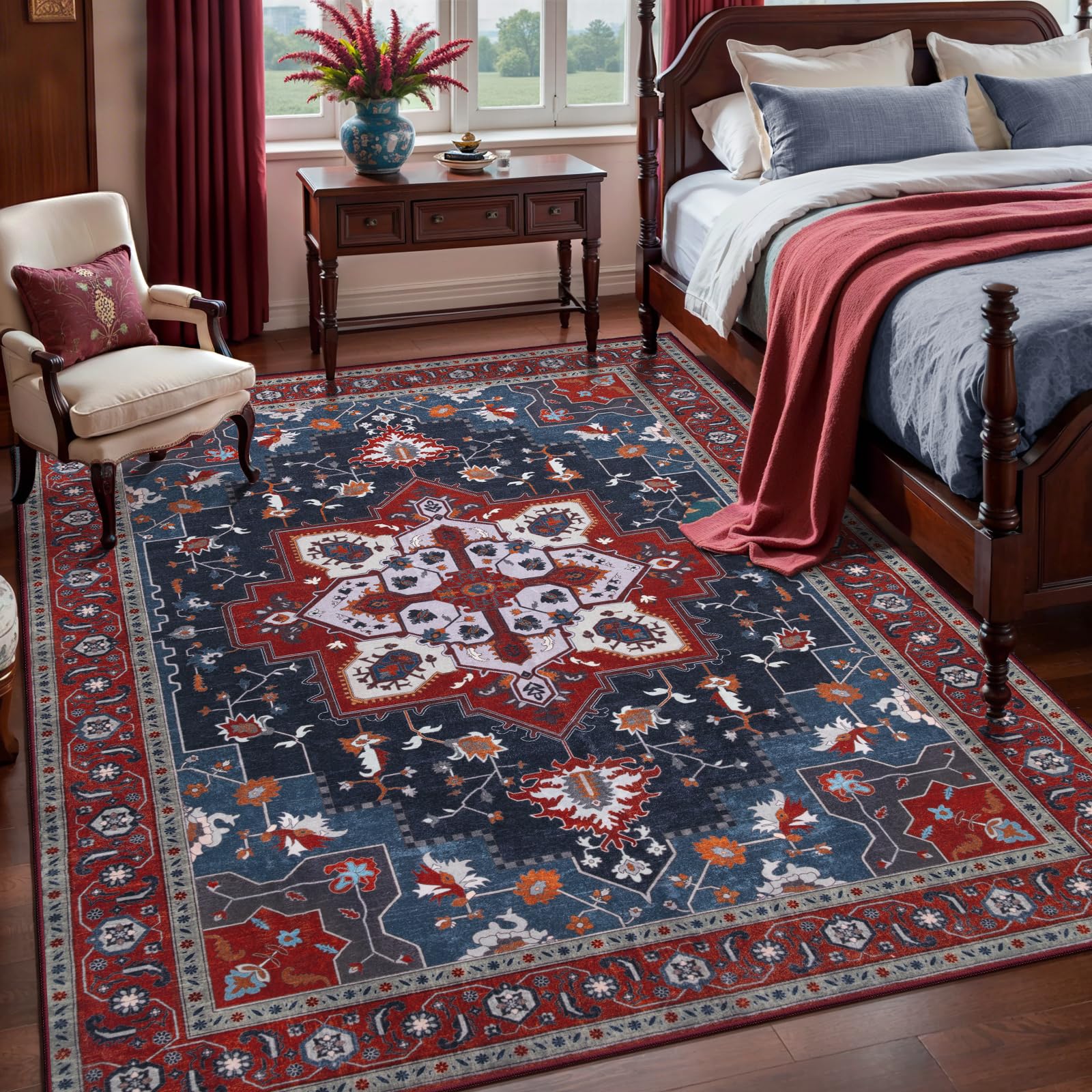 Tangsoo Oriental Red Rug 4x6 Washable Vintage Rugs Non Slip Indoor, Distressed Carpet for Living Room, Dining Room, Soft Low Pile Rugs Boho Foldable Floor for Bedroom Dorm Bedside Bathroom