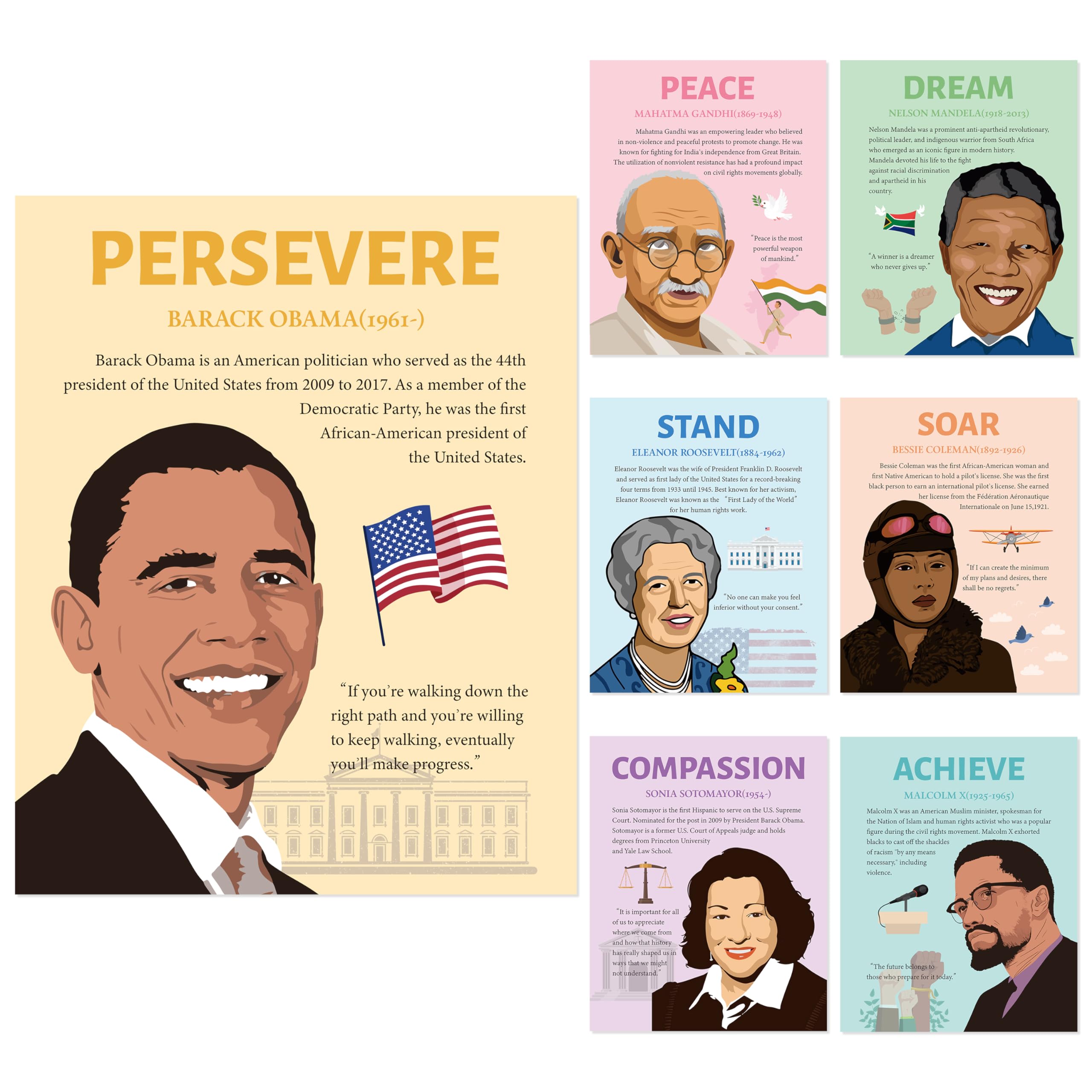 Fiupan Historical Figures Inspirational Wall Print - 7Pcs Back to School Influential People Motivational Quotes History Poster Art Decoration, Famous People Unframed Artwork Gifts for Classroom Office