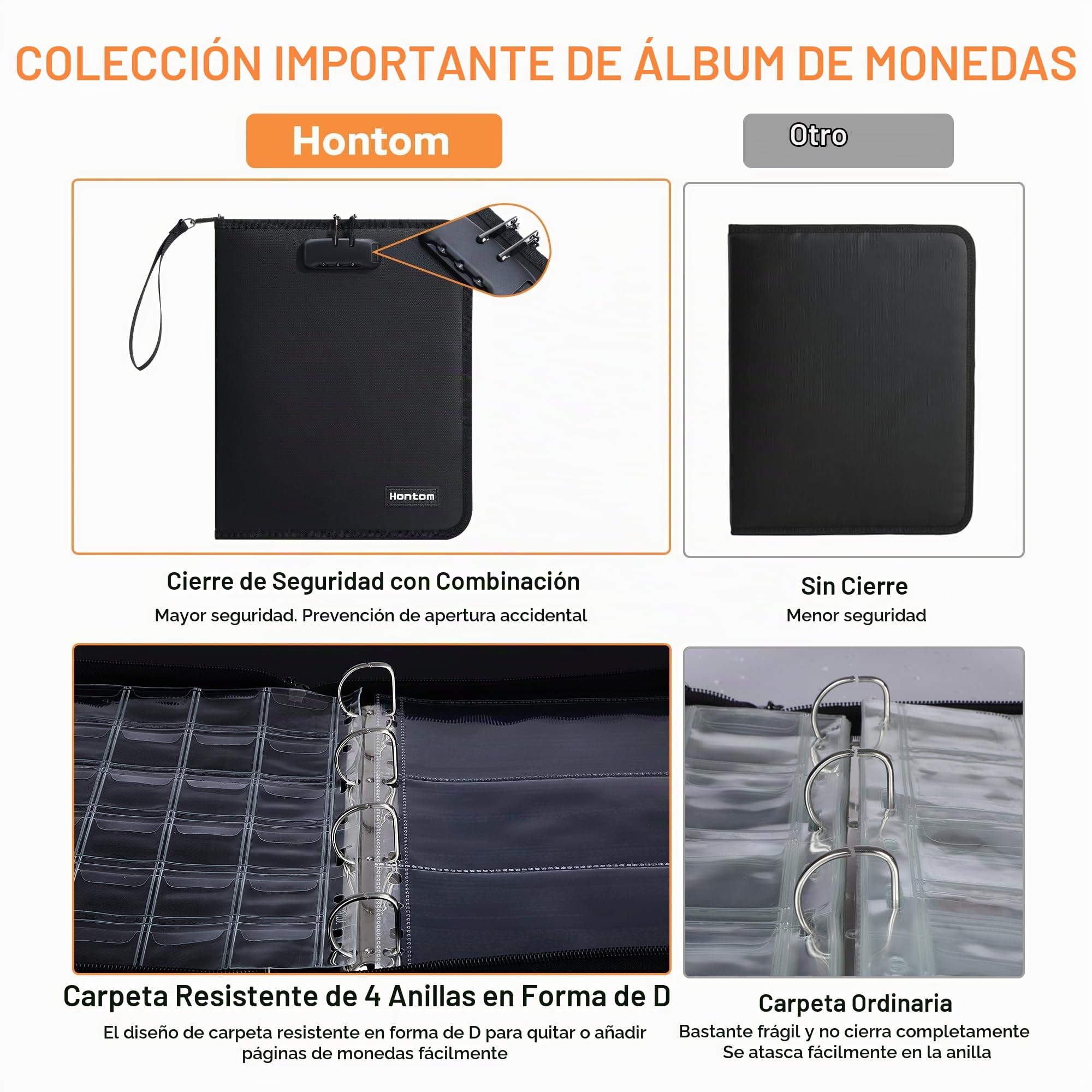 Hontom Álbum de colección de monedas para coleccionistas con cerradura, 400 bolsillos ignífugos para monedas y 36 fundas de papel, organizador de almacenamiento de monedas para centavos, billetes