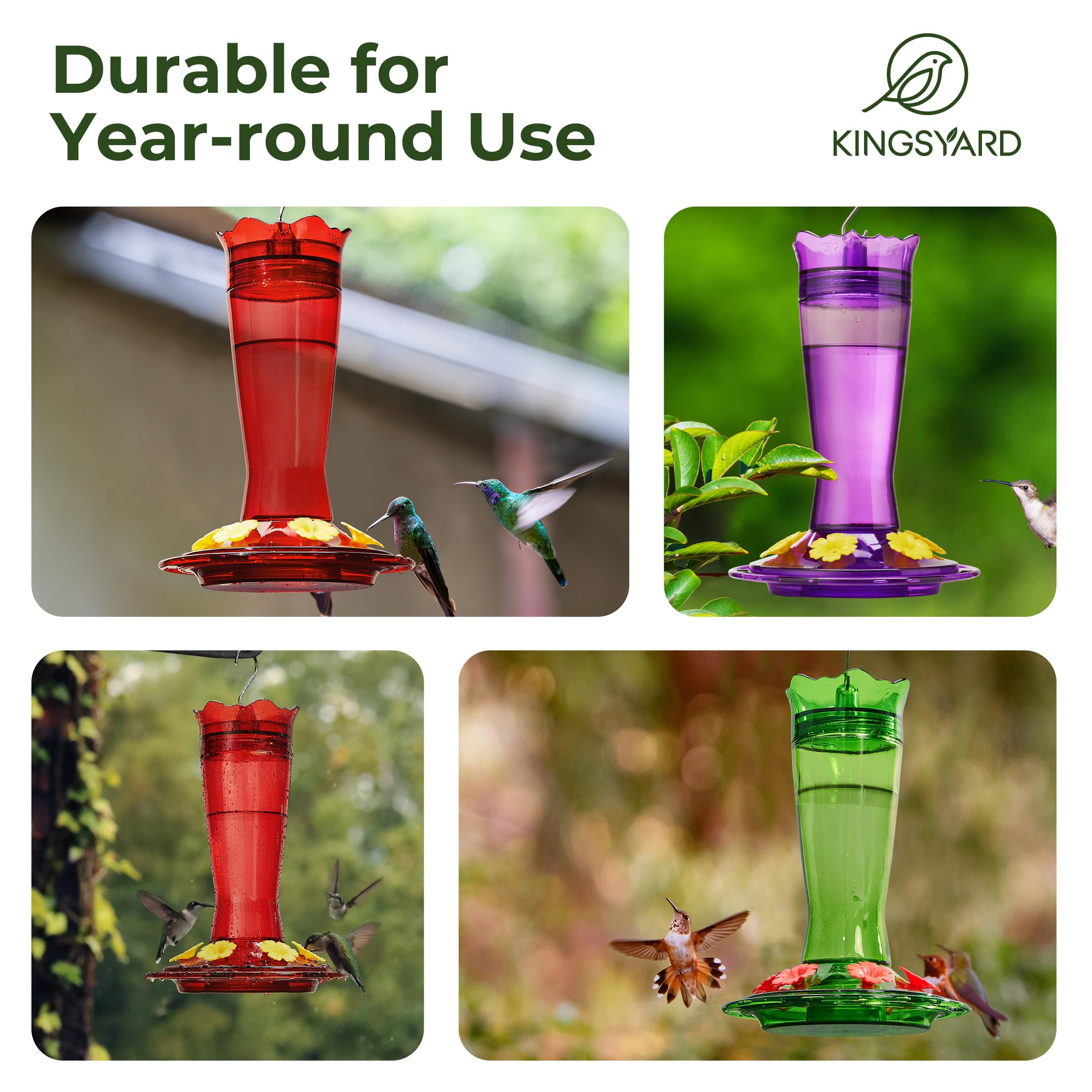 Kingsyard Comedero de colibrí de vidrio para colgar al aire libre, 6 puertos de alimentación de protección de abejas y foso de hormigas integrado, comedero de pájaros silvestres para jardín exterior,