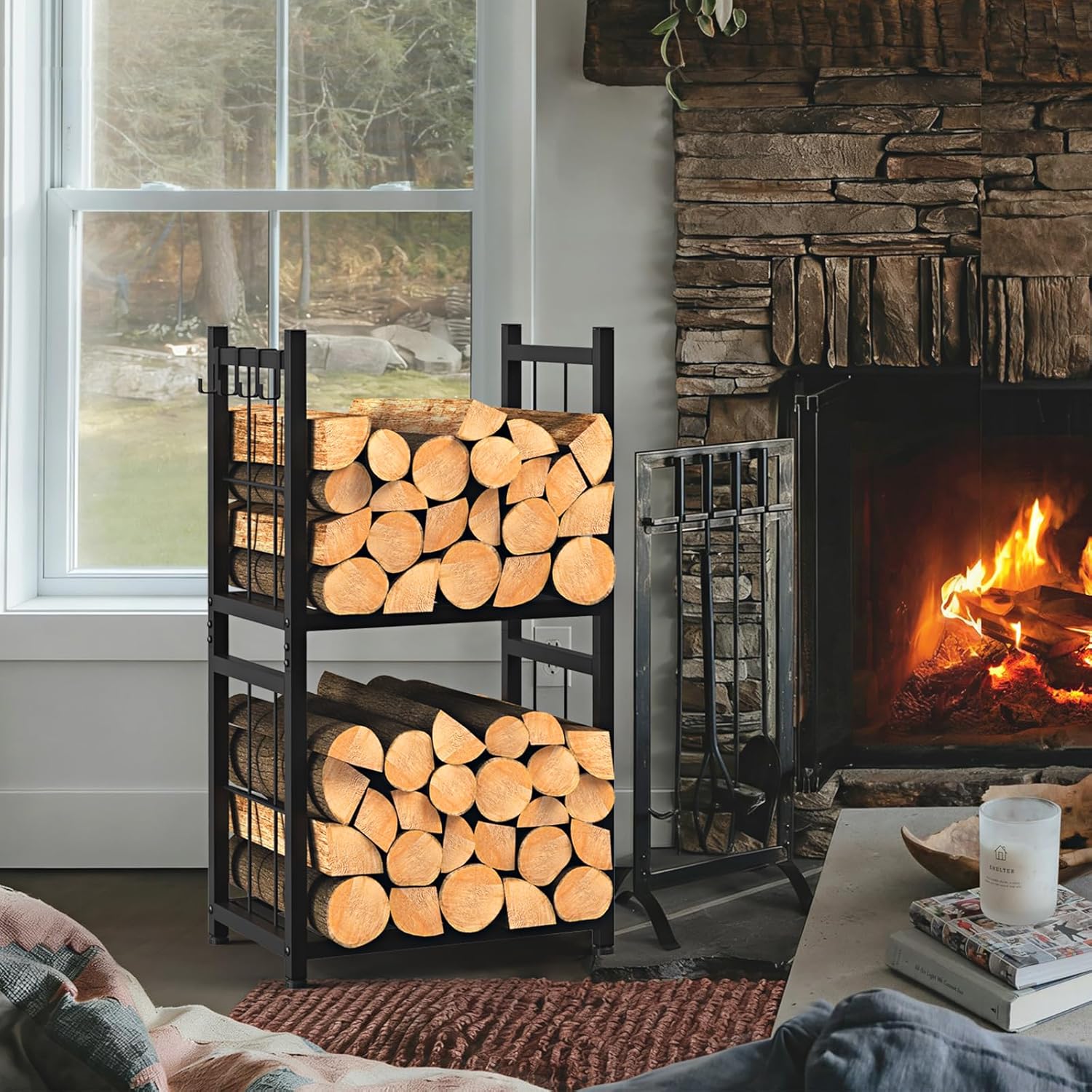 32”Tall Firewood Rack Indoor Outdoor,Heavy Duty 2-Tier Firewood Holder with 4 Hooks,Metal Wood Storage Rack for Fireplace,Patio,Portable Fire Wood Pile Storage Organizer,Black