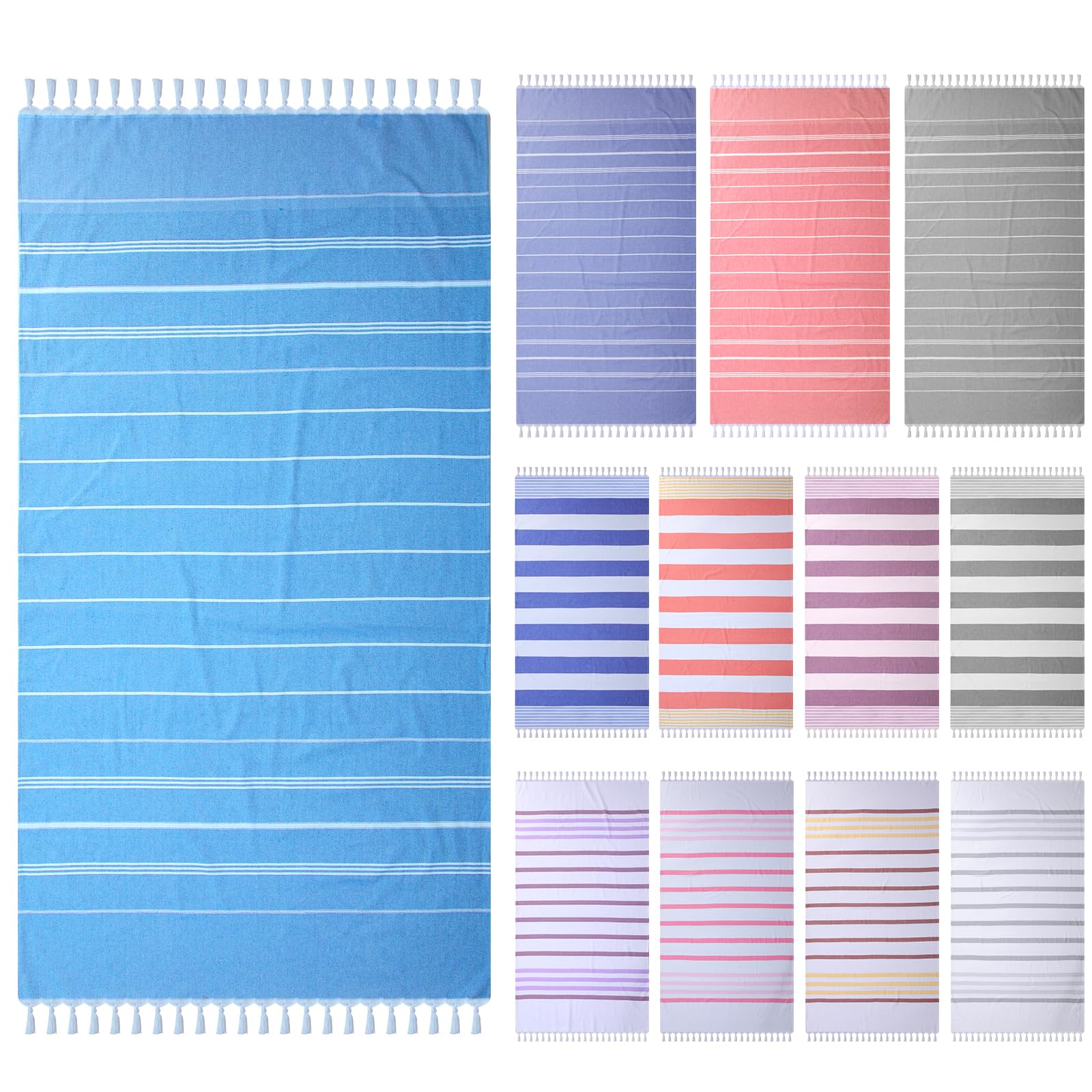 12 Pieces Turkish Beach Towel Set Cotton Sand Proof Beach Towel Bulk 71 x 35 Inch Quick Drying Towel for Adults Kids Travel Beach Pool Bath Swimming Supplies