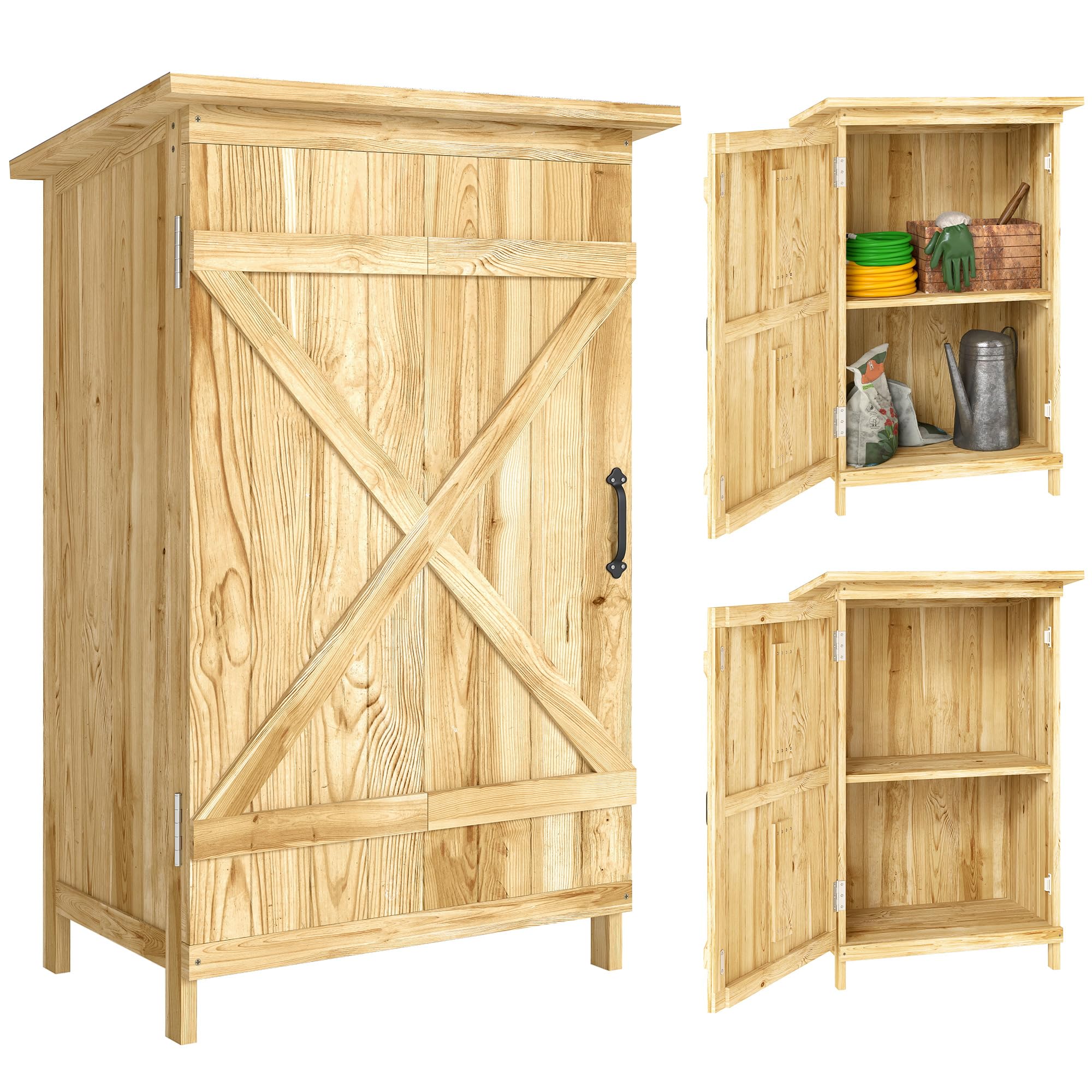 Outsunny Caseta de Jardín de Madera con 2 Estantes 63,5x40x90 cm Natural | Cobertizo Jardín Exterior, Armario para Almacenaje de Herramientas, Puerta Tipo Granero, Techo Acero Galvanizado