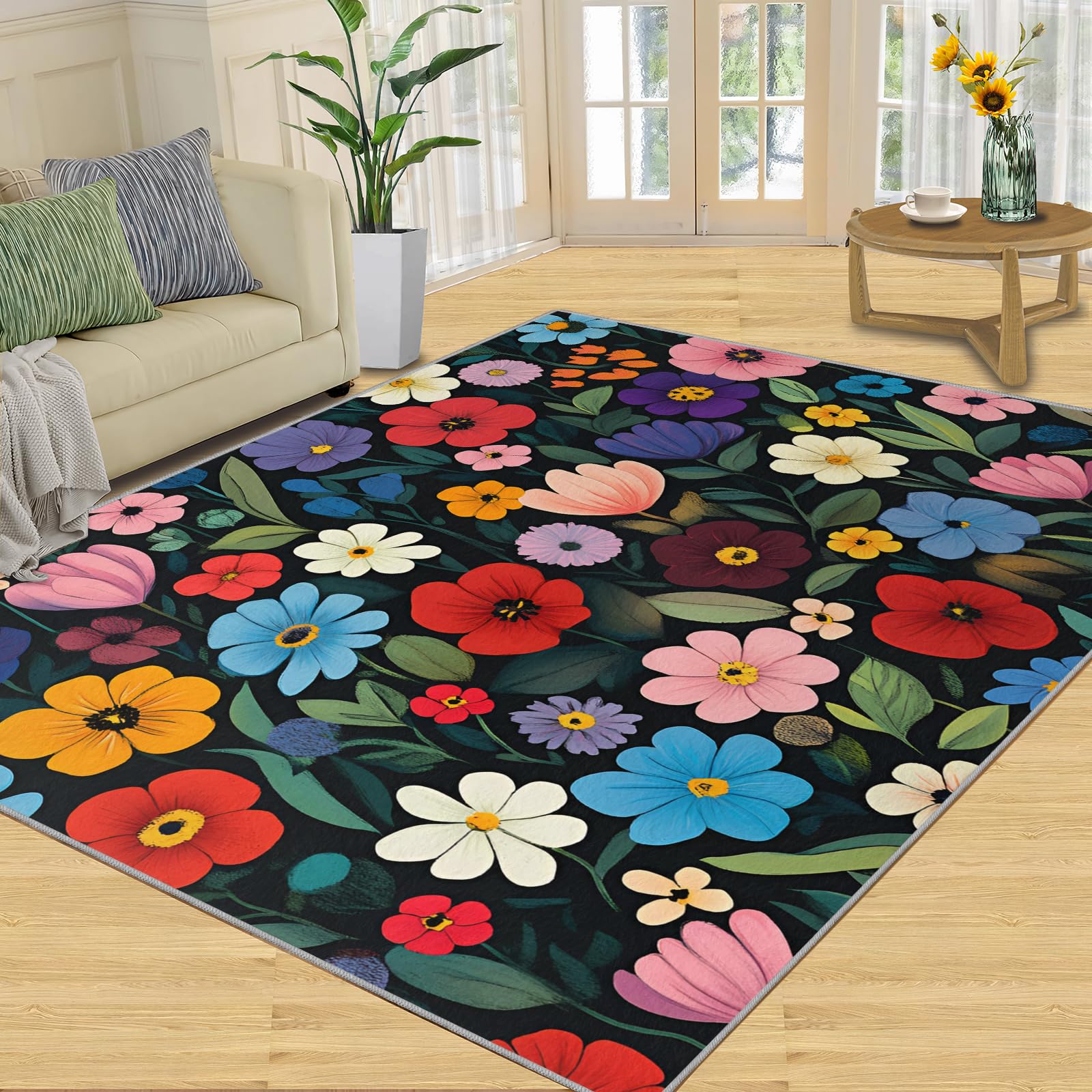 FBRUIEG Bohemian Flowers Bedroom Rug, Colorful Flowers and Grass Rugs for Living Room, Washable Area Rug for Study Office Decor Floor Mat 140x200cm
