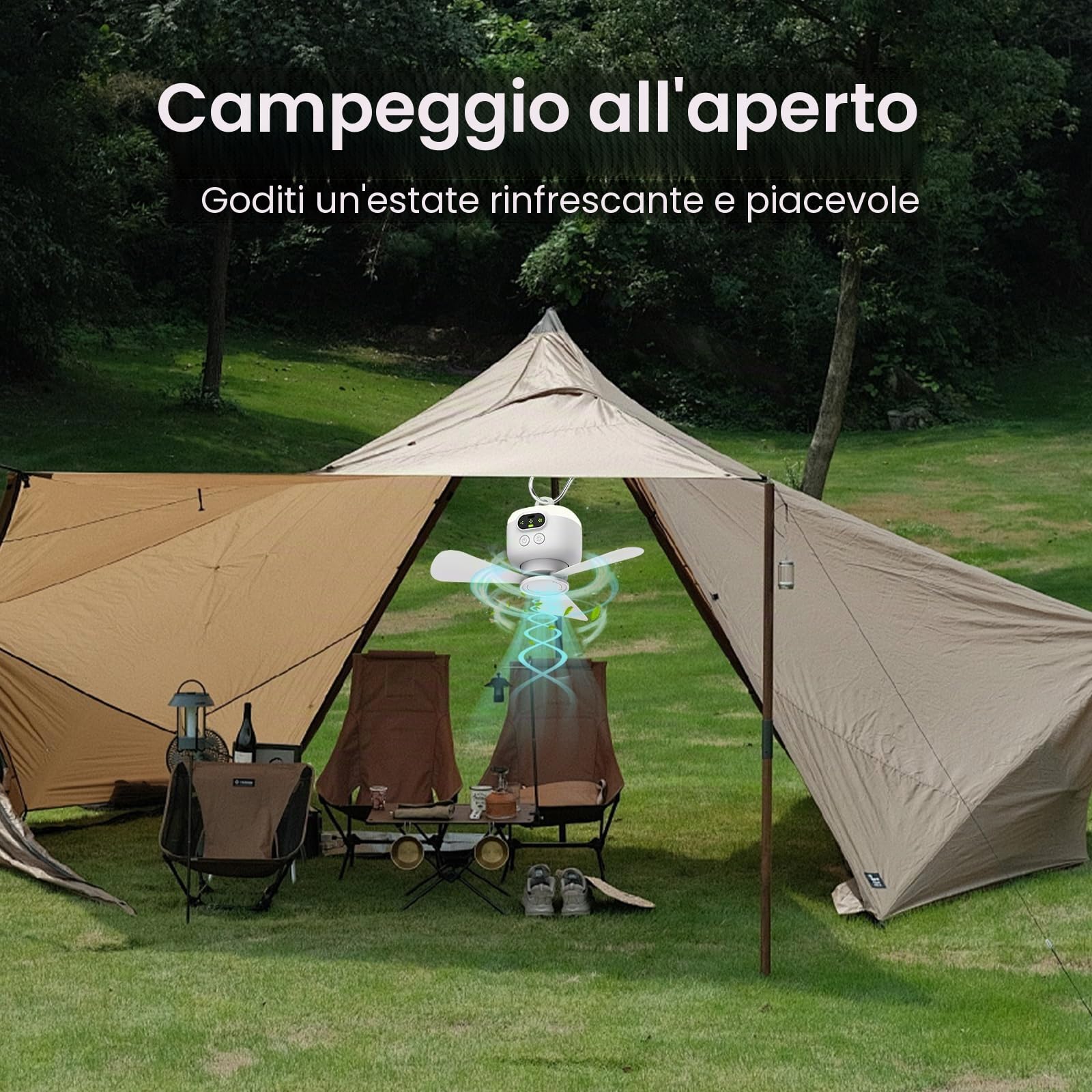 EagerMinds Lampada da campeggio a LED da campeggio, ventilatore da campeggio con luce, ventilatore da campeggio ricaricabile, accessorio da campeggio, 3 marce, ventilatore da tenda con LED per pesca