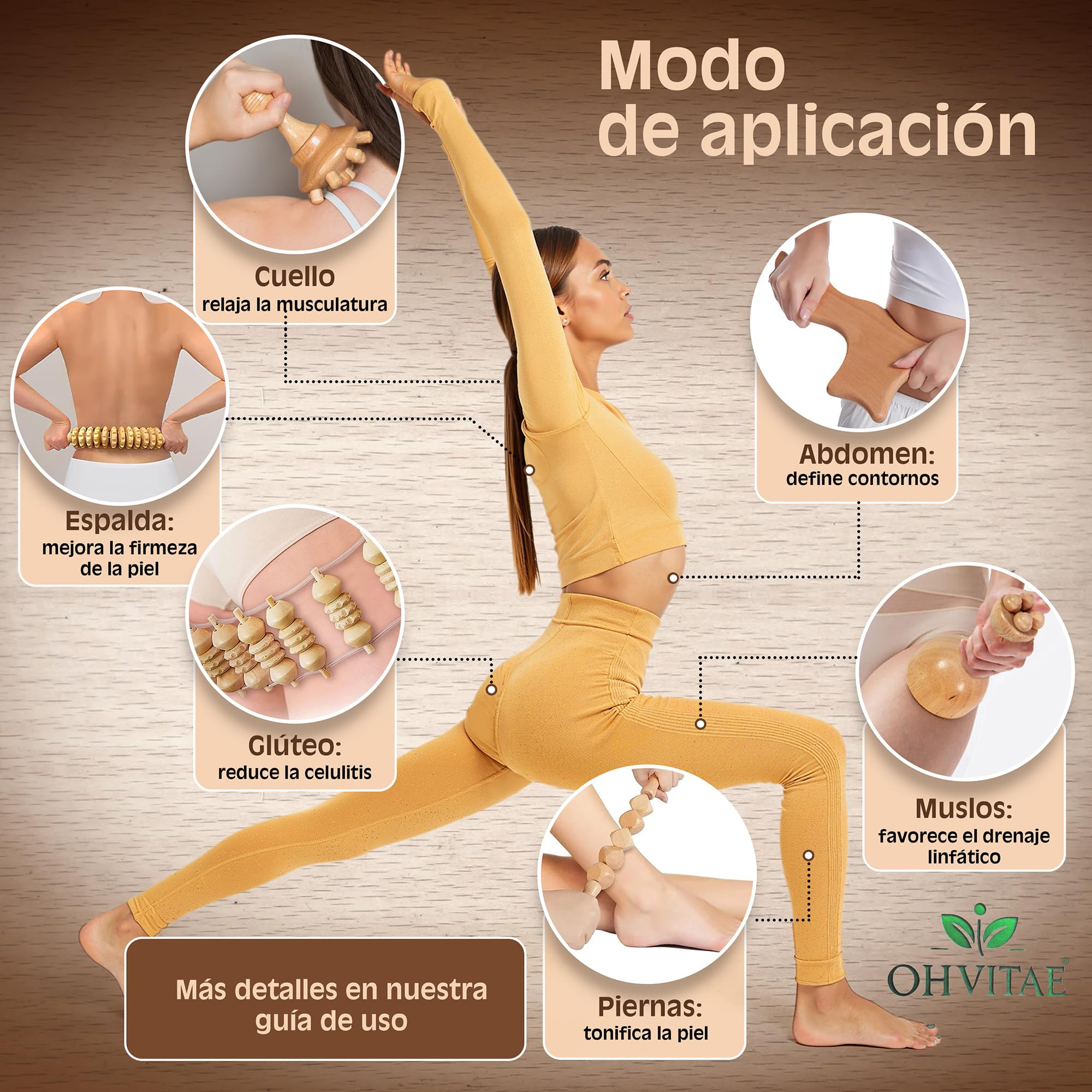 kit maderoterapia corporal profesional con 6 herramientas bolsa de transporte y guía QR. Tratamiento completo de maderoterapia corporal celulitis para masaje reductor y tonificación natural