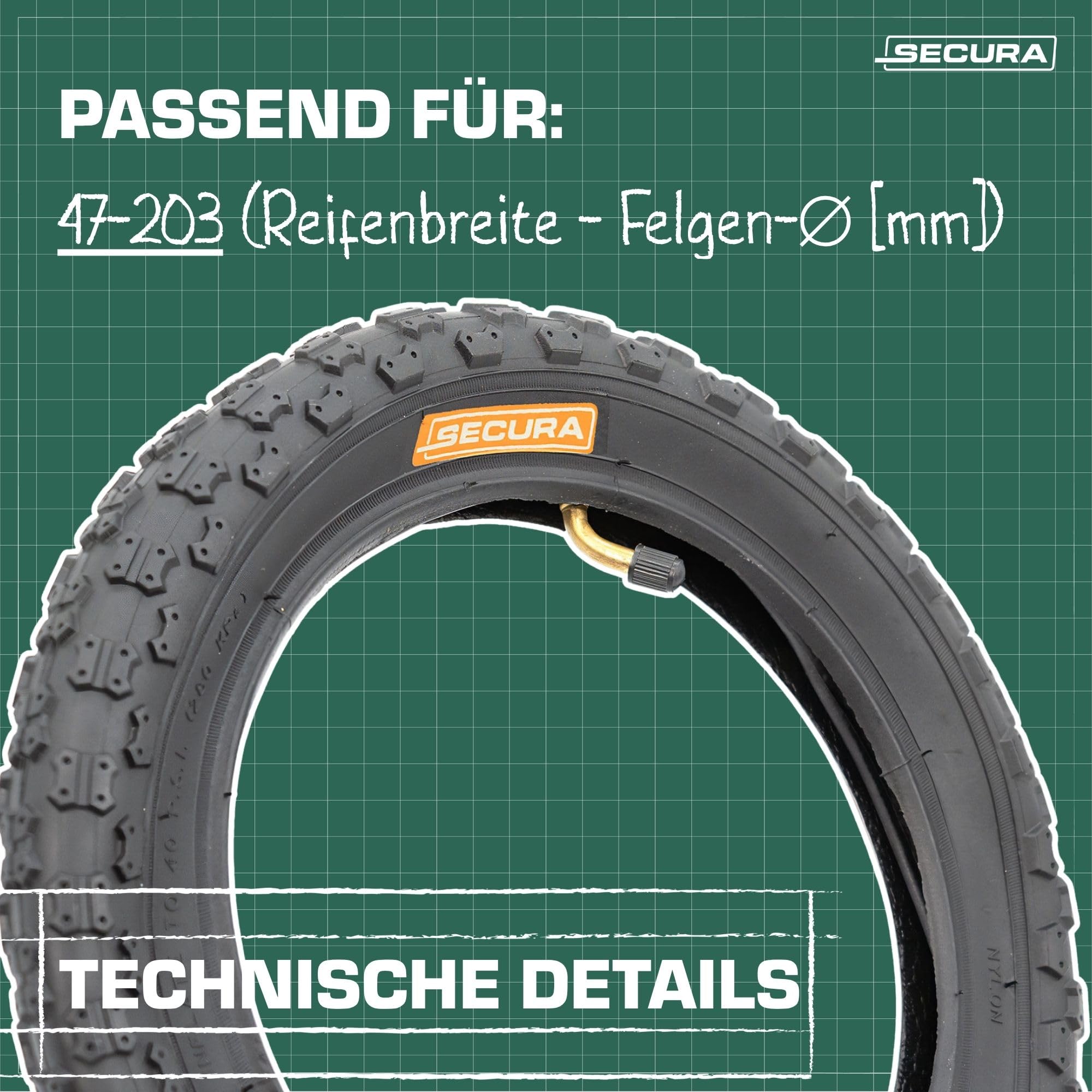SECURA 4x Reifen 12.5x2.25 12 1/2 x 2 1/4 inkl Schläuche Winkelventil kompatibel mit Kinderfahrrad Kinderwagen Buggy Laufrad Dreirad Roller Fahrradanhänger 47-203