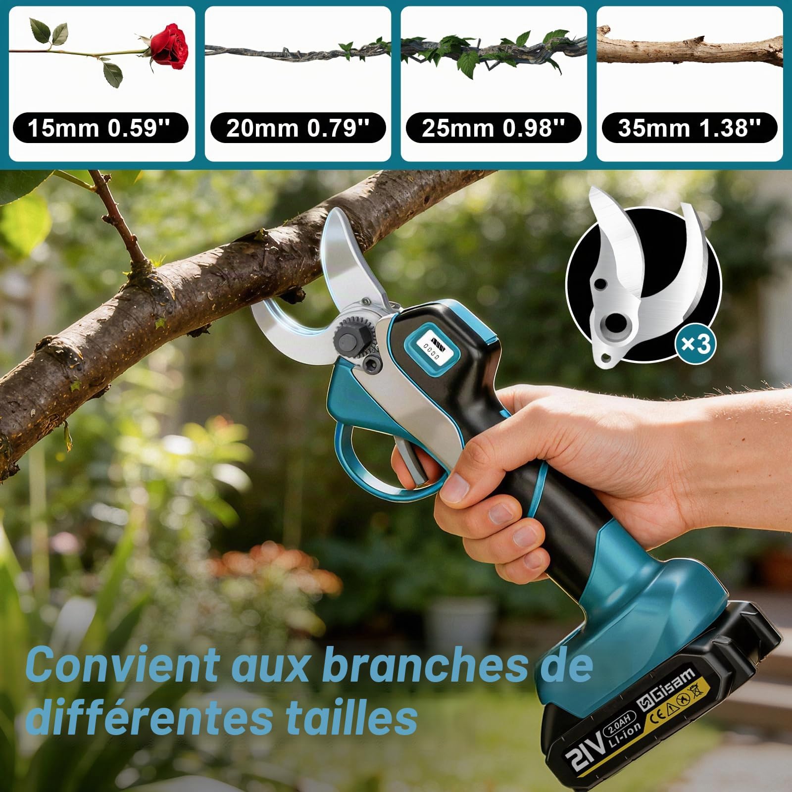 Sécateur Électrique Avec Perche, Moteur Brushless, Portée Totale 4,2 m, 2-en-1 Secateur Electrique Sans Fil avec 3 paires Lame SK5 et 2x2.0 Ah Batteries, pour Jardinage, Ferme, Arbres Fruitiers