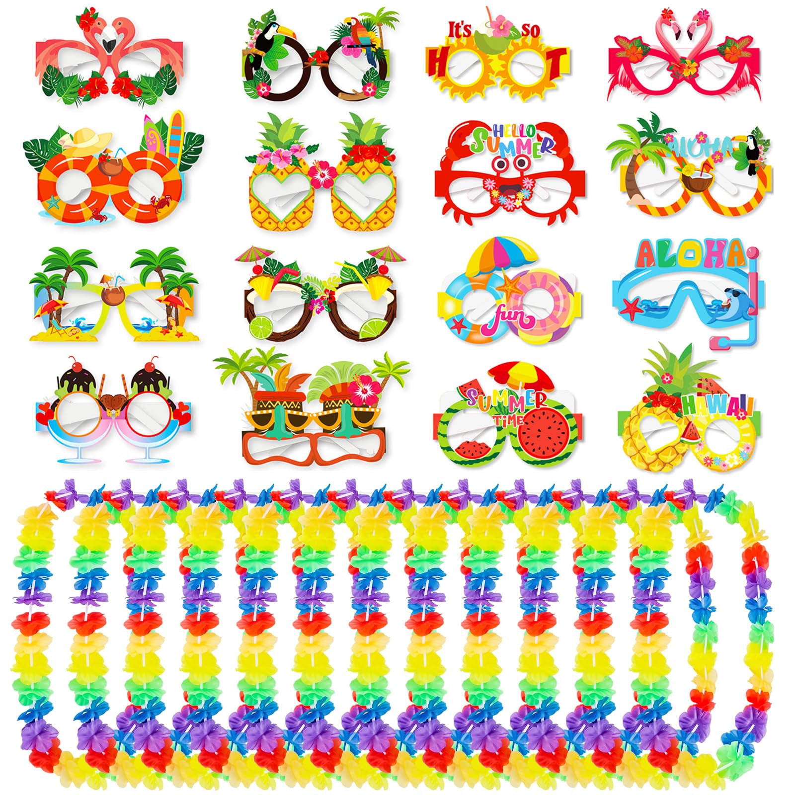 Hawaiian Party Decorations Set - 12 Hawaiian Garlands & 16 Paper Glasses for Summer Beach & Festival Themed Party Accessories