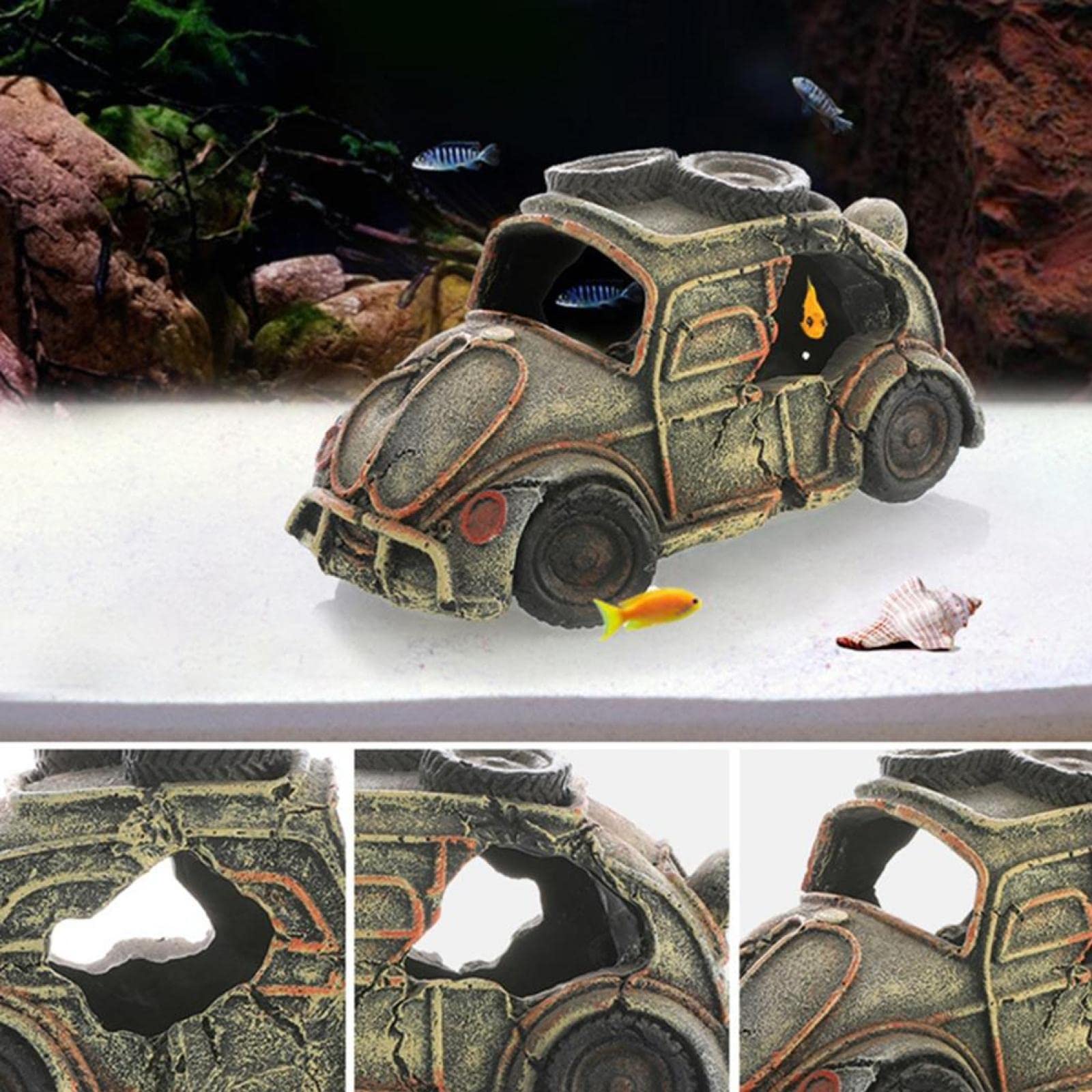 Aquariumdekoration, Harz-Wrack-Auto-Ornament, Fisch-Garnelen-Versteck, Höhle, Unterschlupf, kaputtes Fahrzeug, Haus, Aquarium, Landschaftsbau, 1 Stück, 03