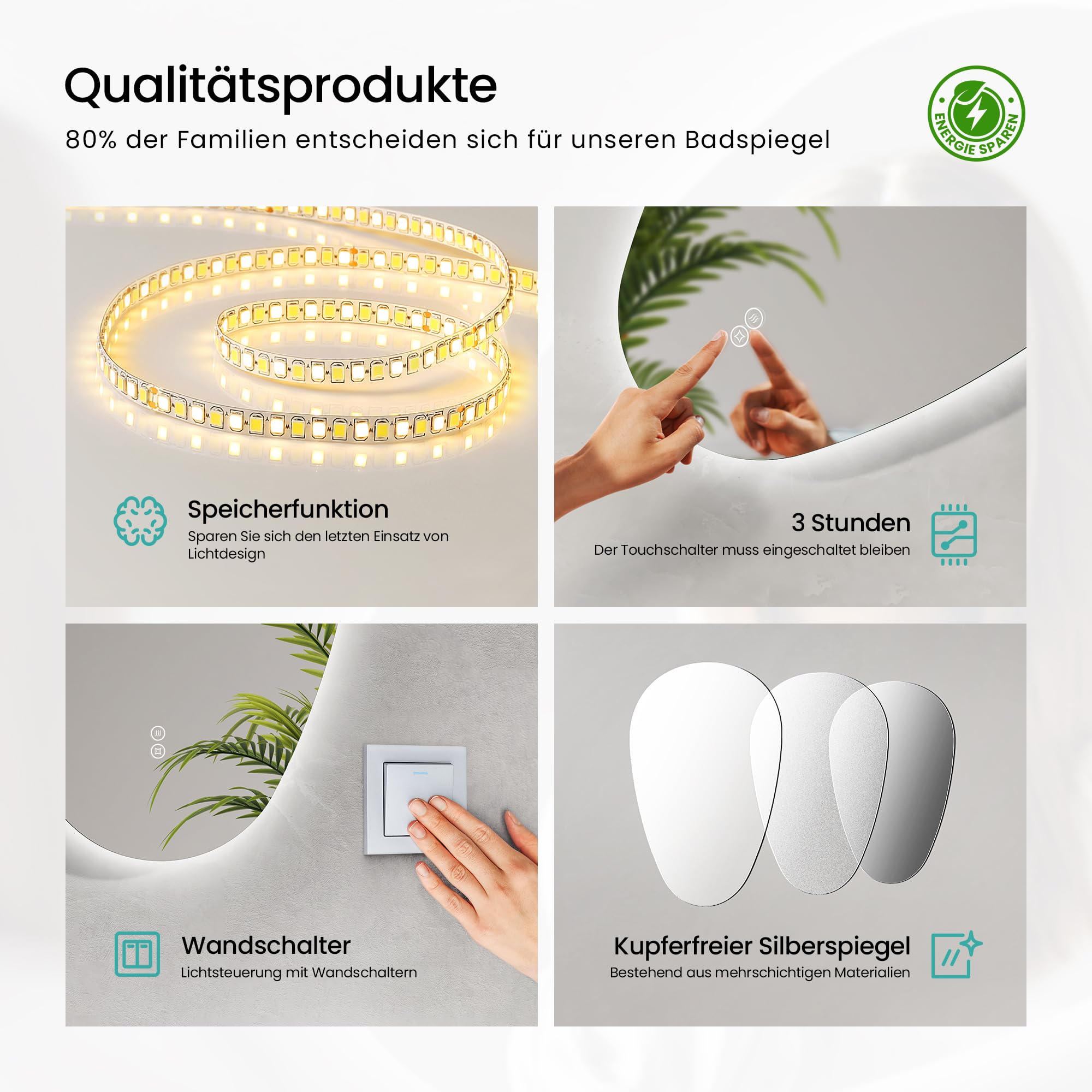 EMKE Espejo de baño con iluminación, 70 x 50 cm, Espejo asimétrico con Tacto, 3 Colores de luz Regulable, antivaho, Espejo de baño con iluminación, IP44, Ahorro de energía, Espejo de baño LED