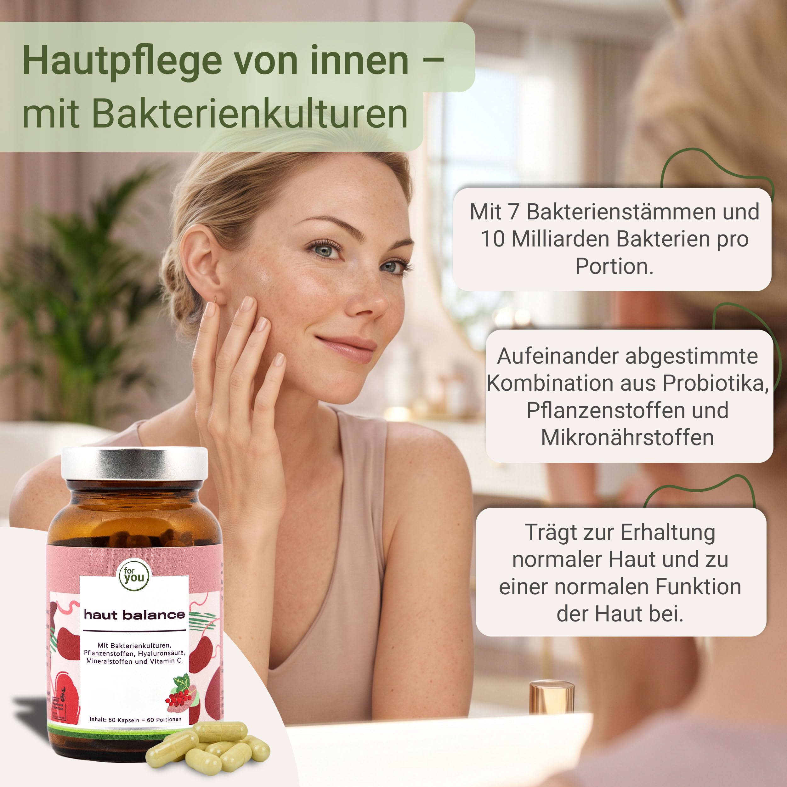 for you haut balance – 120 Kapseln mit MitoBeauty®, Hyaluronsäure, Pflanzenstoffen, Mineralstoffen und Vitamin C – mit Kupfer und Zink – vegan