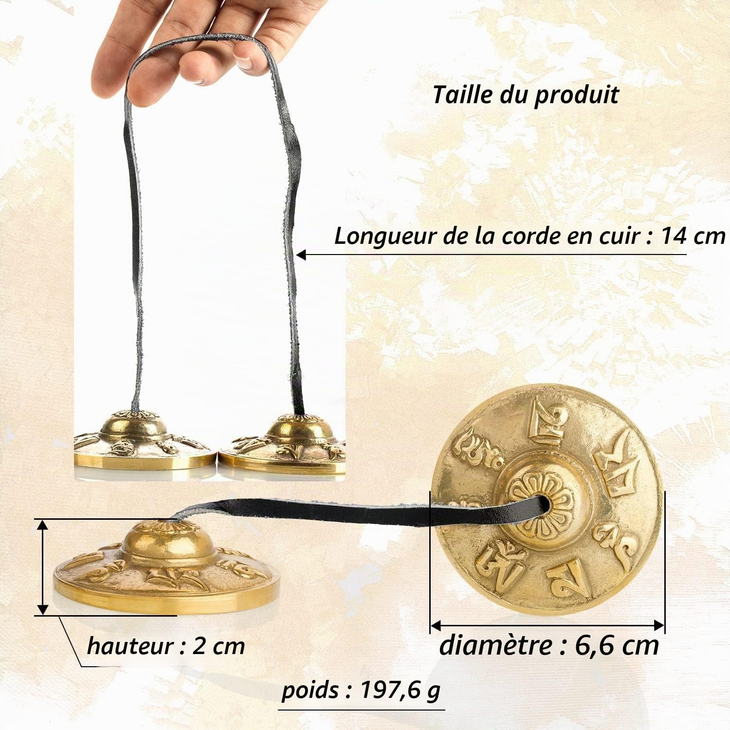 Tingsha Tibétain,Conque Tibétaine,Tingsha Cymbales,Cymbales Tibétaines,Cloche Tibétaine,Carillons Cloches,Mantra-Om Mane Padme Hum(petit,laiton) (A)