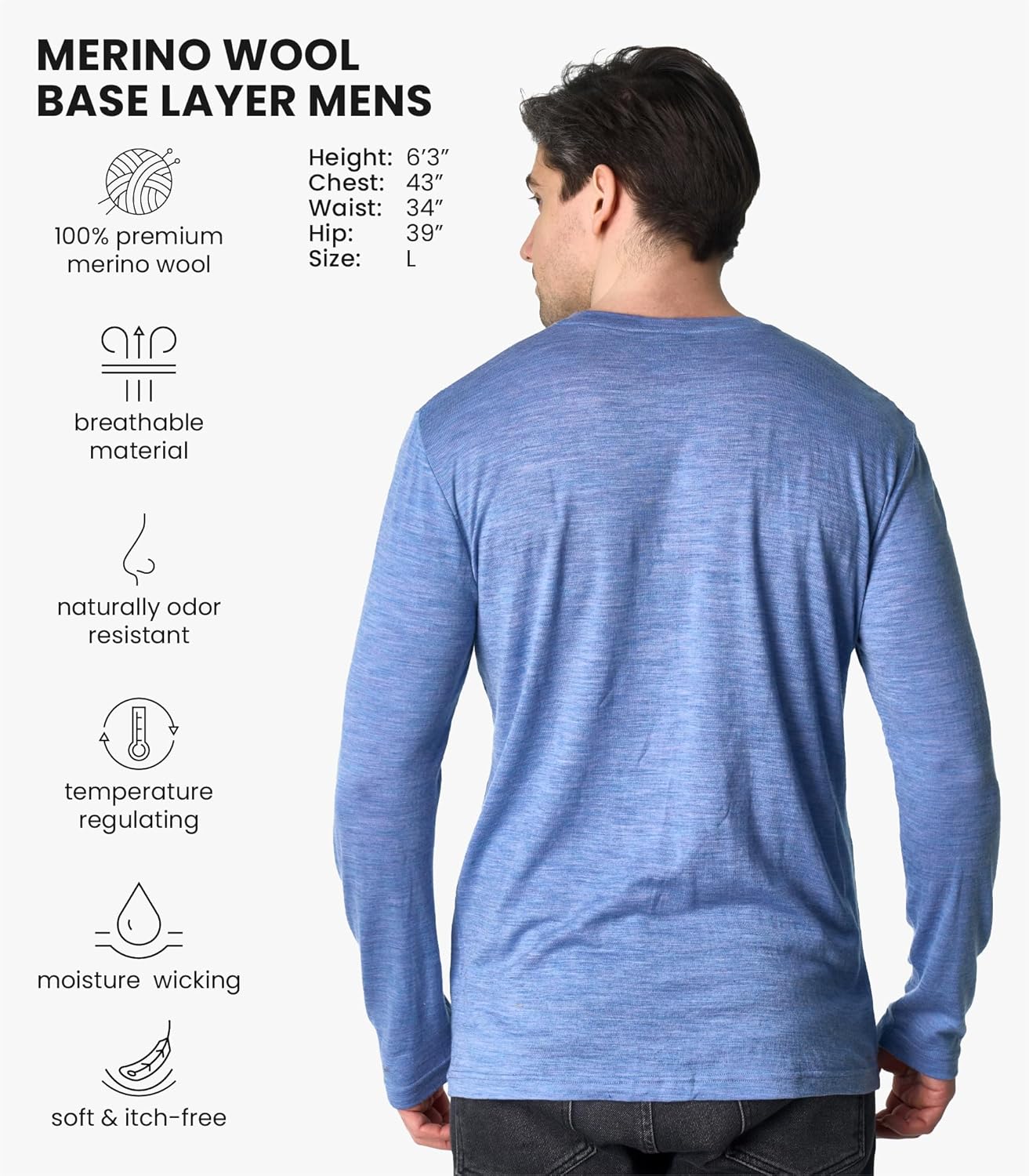 Merino Wool Base Layer Mens - 100% Merino Wool Shirts for Men Thermal Underwear Long Sleeve T-Shirt for Hiking Hunting - Image 2