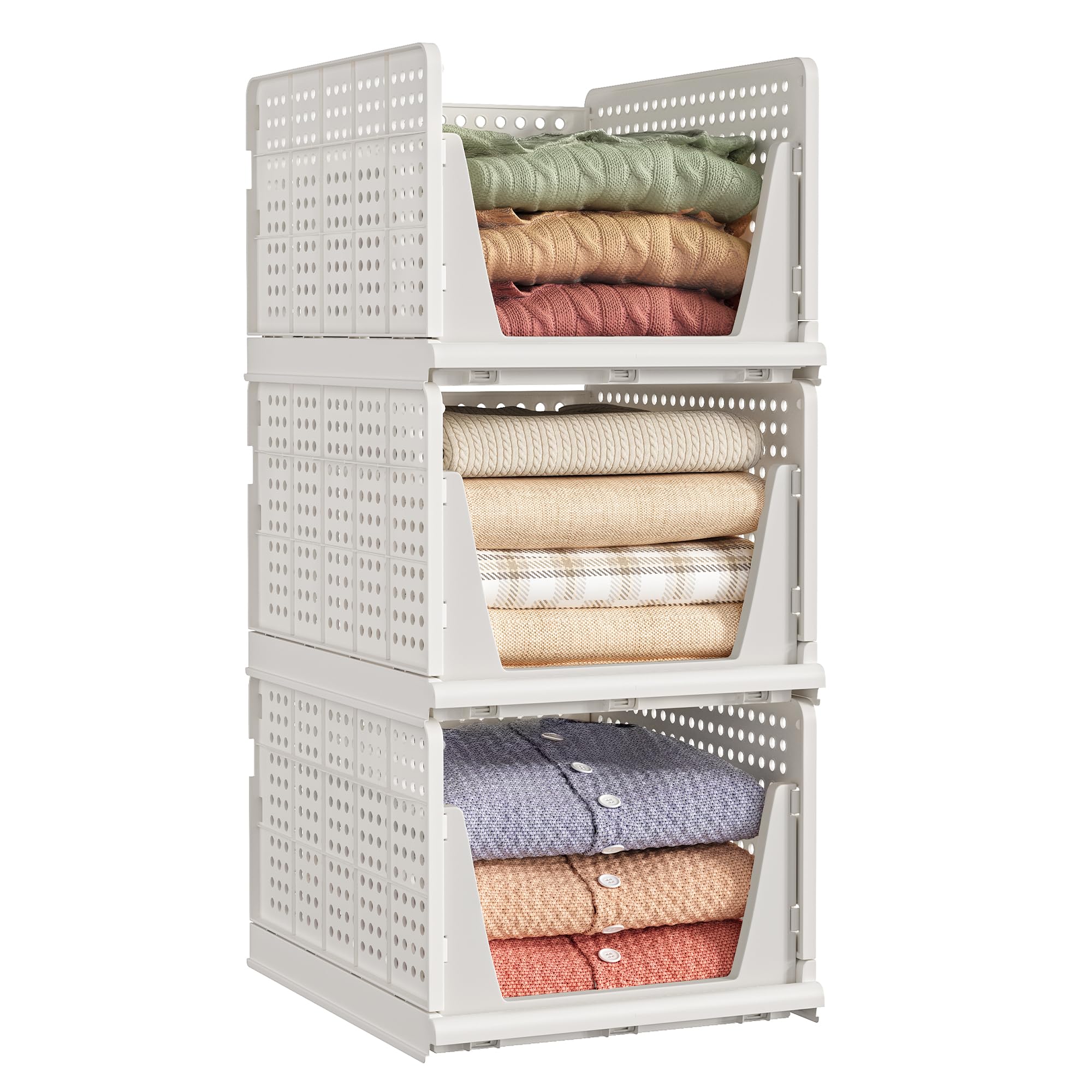 SONGMICS Stackable Wardrobe Storage, Foldable Closet Organiser, Set of 3 Pull-Out Baskets, Closet Storage and Organisation, Bedroom, Office, Bathroom, White LPC310WZ01