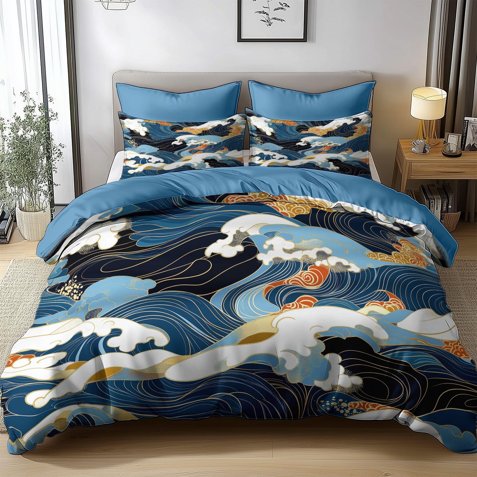 Housse de couette 240x260 cm vague bleue style japonais coton