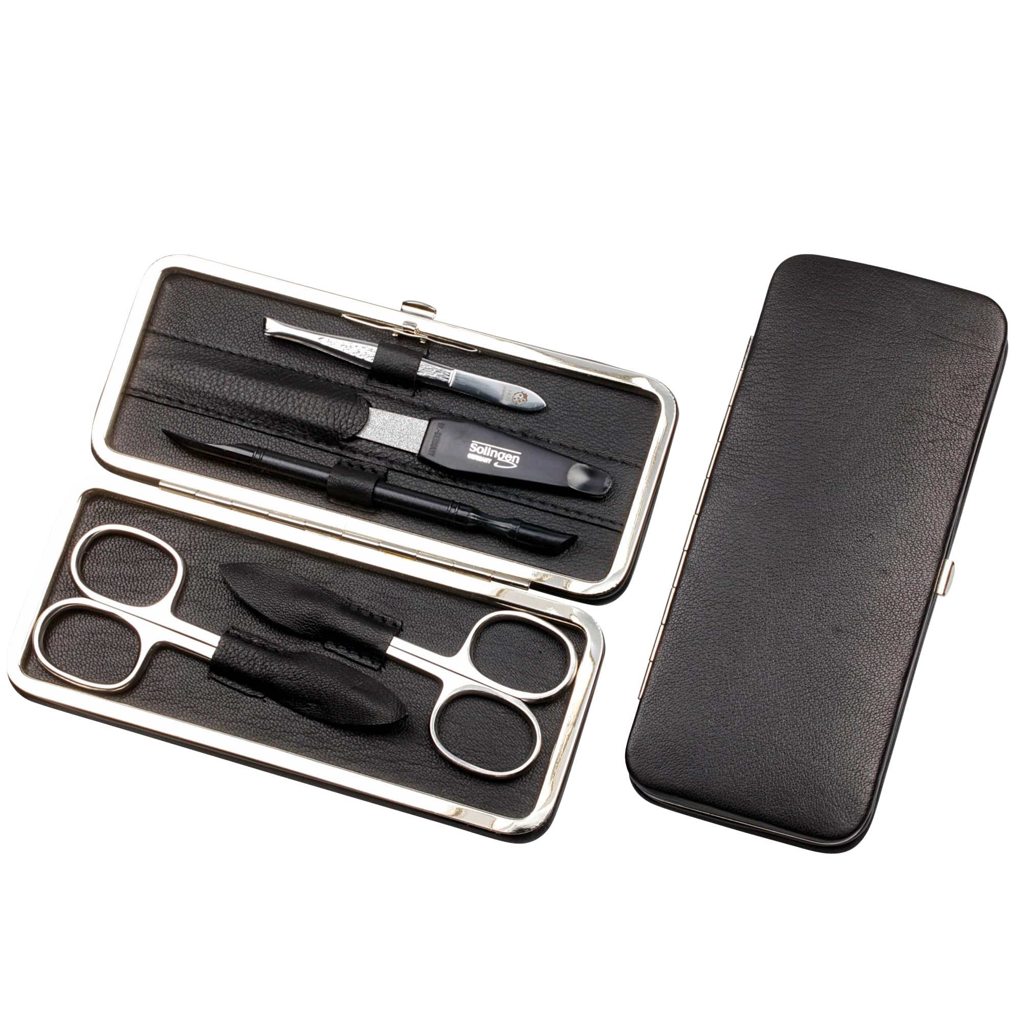 Sonnenschein by Hans Kniebes Juego de manicura de 5 piezas, tijeras para uñas, tijeras para piel, lima de uñas, pinzas, bastón, funda de piel de cordero, color negro